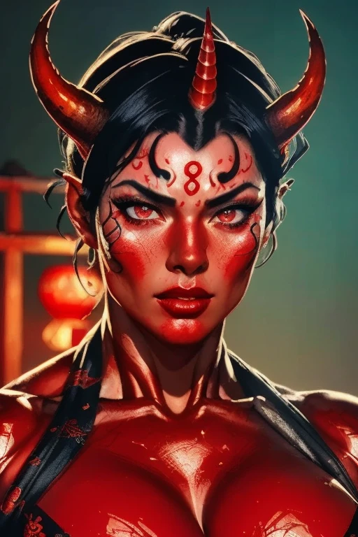 a muscular oni demon girl with only one horn on her forehead, beautiful detailed eyes, beautiful detailed lips, extremely detailed face, long eyelashes, horns, red skin, japanese style, digital painting, octane render, cinematic lighting, dark fantasy, dramatic lighting, rich color palette, highly detailed, 8k, photorealistic