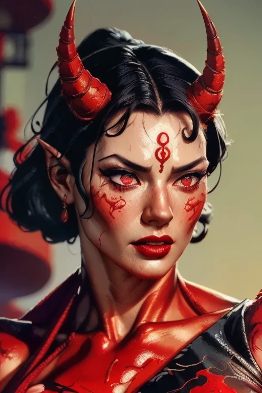 a muscular oni demon girl with only one horn on her forehead, beautiful detailed eyes, beautiful detailed lips, extremely detailed face, long eyelashes, horns, red skin, japanese style, digital painting, octane render, cinematic lighting, dark fantasy, dramatic lighting, rich color palette, highly detailed, 8k, photorealistic