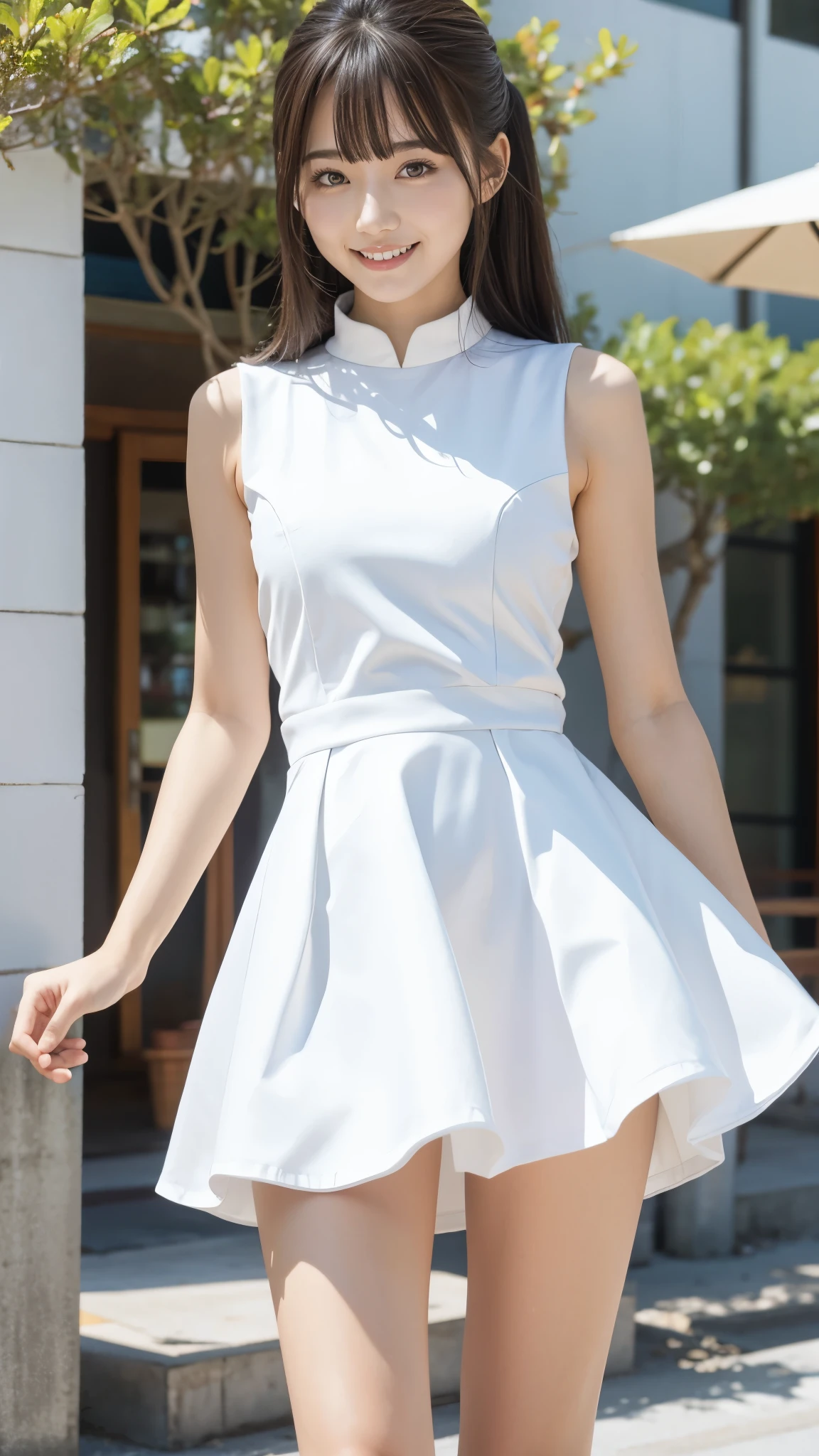 High school girl, Small and slender figure, slender body line, beautiful girl, , (( cute smile)), Best Quality, 8k, RAW Photos, ultra-fine, (Detailed hands:1.3, Perfectly right move:1.1, Small hands), ( detailed eyes and faces that resist tentacles:1.2, Professional photography), (Beautiful breasts), ( Tight Waist ), (Thin thighs), (Beautiful small face, beautiful eyes, High nose, Moisturizing Lips:1.2), ((elegant and tight miniskirt dress, white dress)), ((Cute hairstyle)), ((The wind blows up my skirt:1.2))