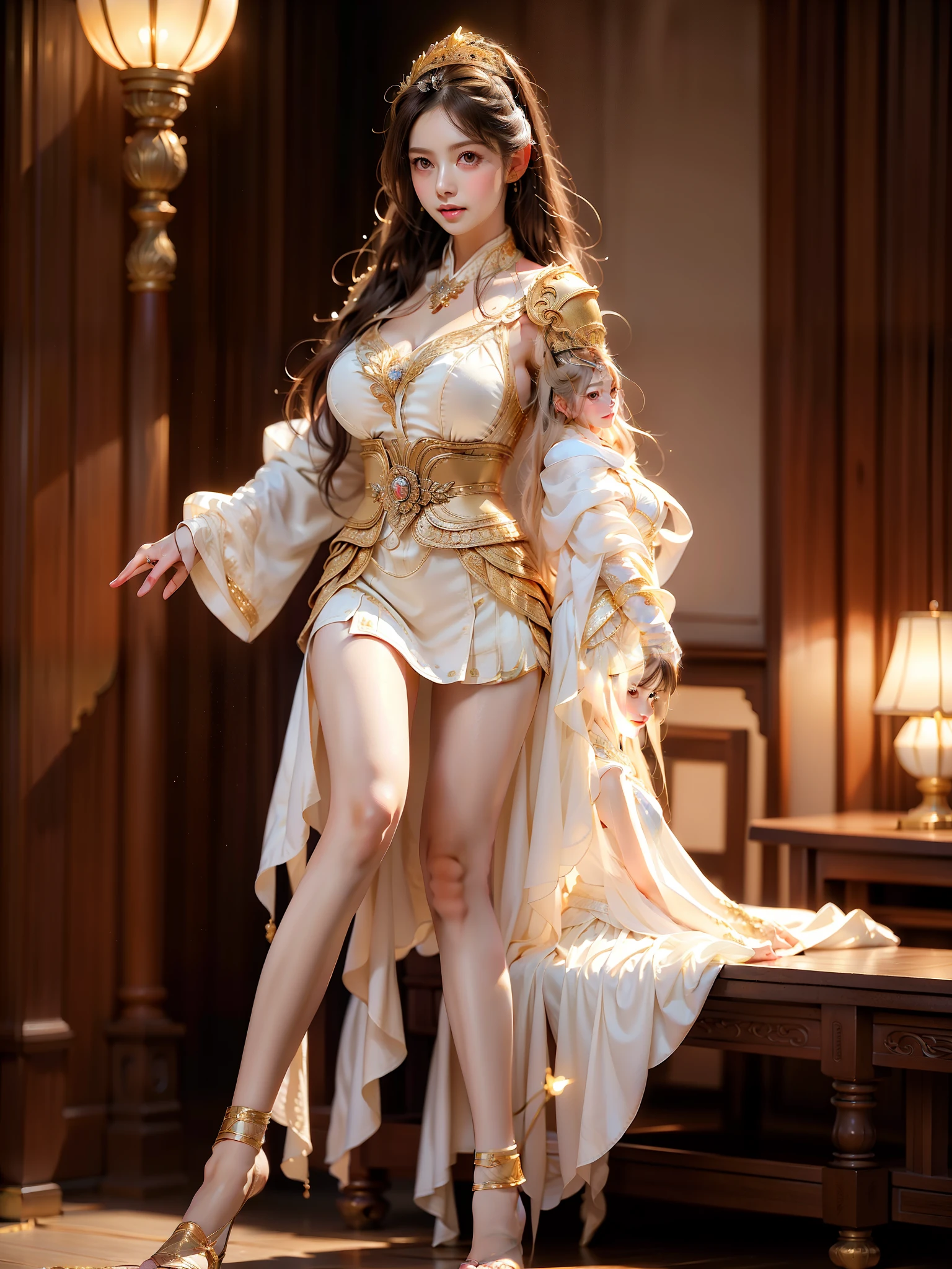 Chinese general ,((full body)), (Asian beauty: 1.3), girl, solo, ((very short hemline)), (Big eyes cute girl), (toned body: 1.2), (naturally large breasts: 1.1), (visible cleavage: 0.8), (smooth flawless skin: 1.2), (perfect anatomical proportions: 1.3), (anatomically correct legs: 1.3), (elegantly long legs: 1.3), 1.1) (a playful girl, one hand running through her long hair, the other lifting her skirt slightly), (detailed features: 1.2), (big bright eyes: 1.1), (long eyelashes: 1.1), charming smile, gentle and confident expression, Head slightly tilted, long flowing hair, (night scene: 1.1), (starry sky: 1.0), (space background: 0.9), (professional soft light: 1.2), (warm tone: 1.1), (Masterpiece: 1.4), (Super Detail: 1.3), (Sharp focus: 1.2), (Realistic: 1.2), (Hi-Fi: 1.1)