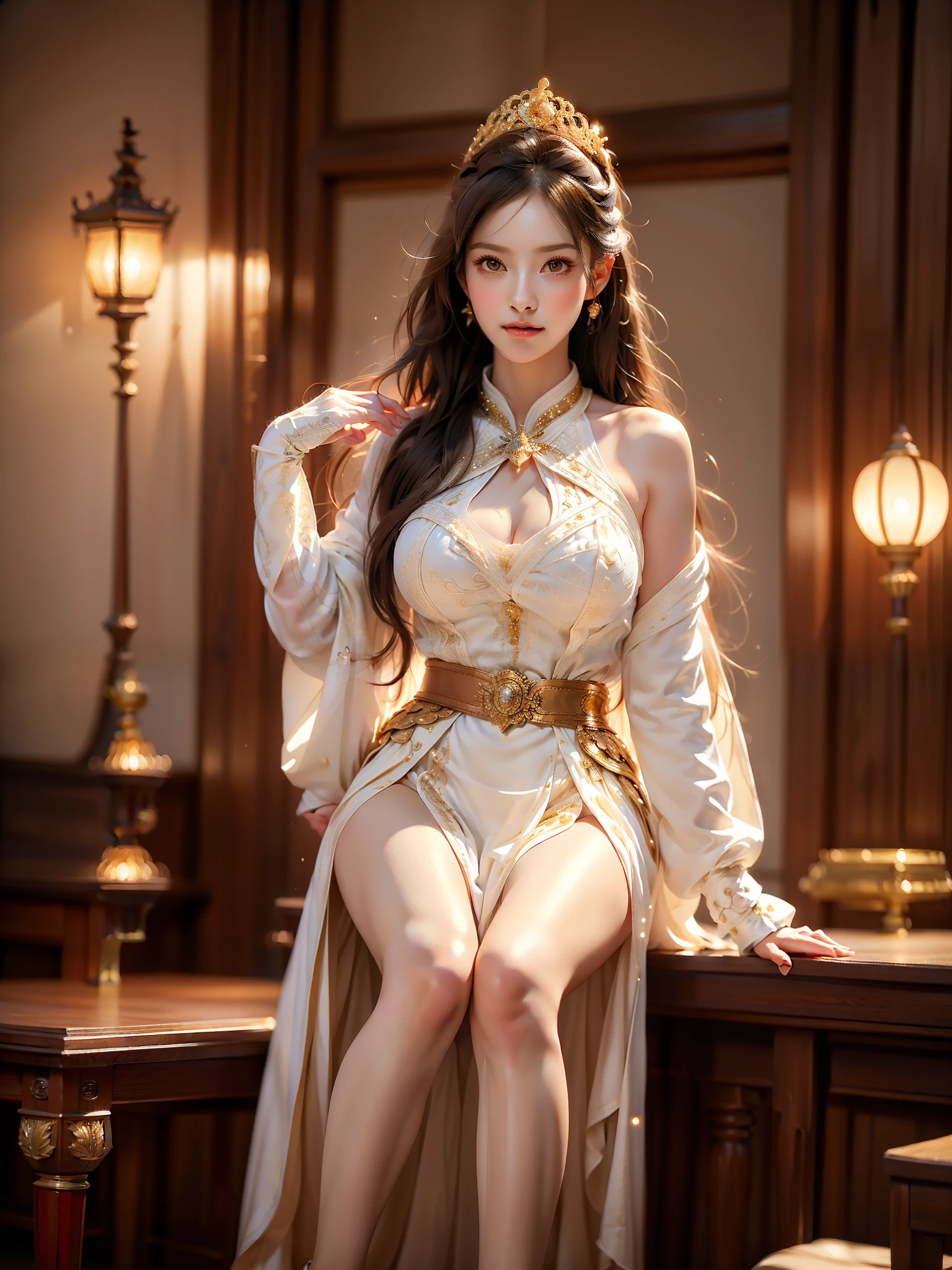 Chinese general ,((full body)), (Asian beauty: 1.3), girl, solo, ((very short hemline)), (Big eyes cute girl), (toned body: 1.2), (naturally large breasts: 1.1), (visible cleavage: 0.8), (smooth flawless skin: 1.2), (perfect anatomical proportions: 1.3), (anatomically correct legs: 1.3), (elegantly long legs: 1.3), 1.1) (a playful girl, one hand running through her long hair, the other lifting her skirt slightly), (detailed features: 1.2), (big bright eyes: 1.1), (long eyelashes: 1.1), charming smile, gentle and confident expression, Head slightly tilted, long flowing hair, (night scene: 1.1), (starry sky: 1.0), (space background: 0.9), (professional soft light: 1.2), (warm tone: 1.1), (Masterpiece: 1.4), (Super Detail: 1.3), (Sharp focus: 1.2), (Realistic: 1.2), (Hi-Fi: 1.1)