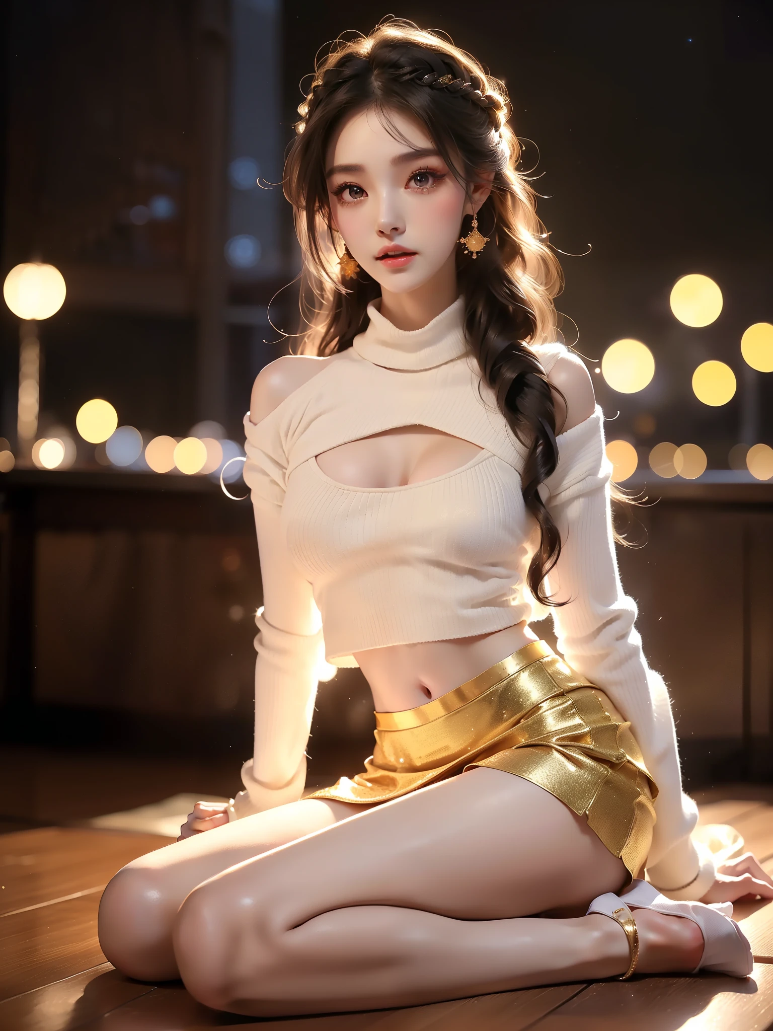 open-chest sweater ,((full body)), (Asian beauty: 1.3), girl, solo, ((very short hemline)), (Big eyes cute girl), (toned body: 1.2), (naturally large breasts: 1.1), (visible cleavage: 0.8), (smooth flawless skin: 1.2), (perfect anatomical proportions: 1.3), (anatomically correct legs: 1.3), (elegantly long legs: 1.3), 1.1) (a playful girl, one hand running through her long hair, the other lifting her skirt slightly), (detailed features: 1.2), (big bright eyes: 1.1), (long eyelashes: 1.1), charming smile, gentle and confident expression, Head slightly tilted, long flowing hair, (night scene: 1.1), (starry sky: 1.0), (space background: 0.9), (professional soft light: 1.2), (warm tone: 1.1), (Masterpiece: 1.4), (Super Detail: 1.3), (Sharp focus: 1.2), (Realistic: 1.2), (Hi-Fi: 1.1)