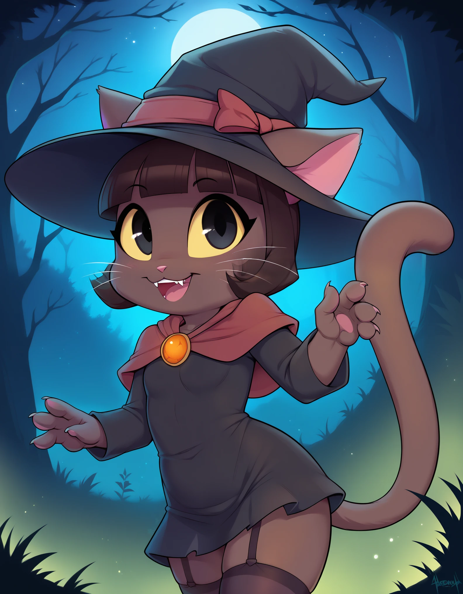 score_9, score_8_up, score_7_up, rating_ safe, solo, high detail, 4k, high resolution, Detailed background, spooky forest, night, (Ivy pepper, blunt bangs, black eyes, yellow sclera, furry, dark skin, dark fur, anthro cat, whiskers, cute), (witch hat, witch outfit, stockings) 