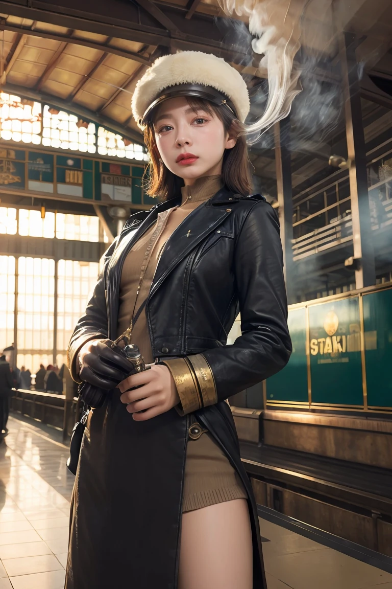 1 girl,  aviator hat ,   solo,   steam punk, train station,  , steam, smoke, masterpiece, highly detailed,HDR,8k resolution, best quality,