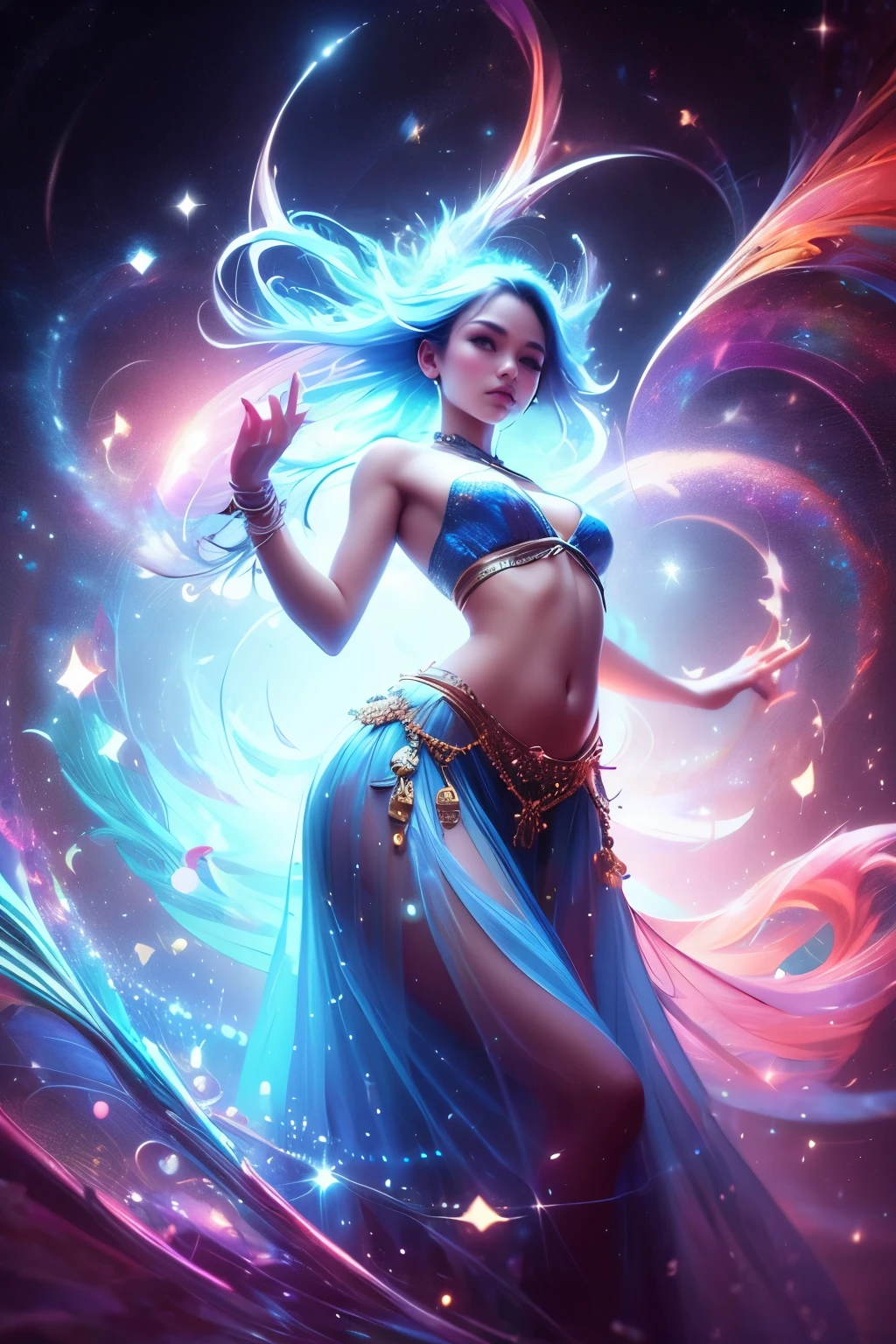 Photorealsitic,a beautiful detailed girl,Three-dimensional feeling,Very fine,CG wallpapers,16k,realisitic,japanaese girl,sixteen years old,Small_breasts,Belly Dance Costume,Fantasia,Lightning Effect,magic circles,Diffraction spikes,combat pose