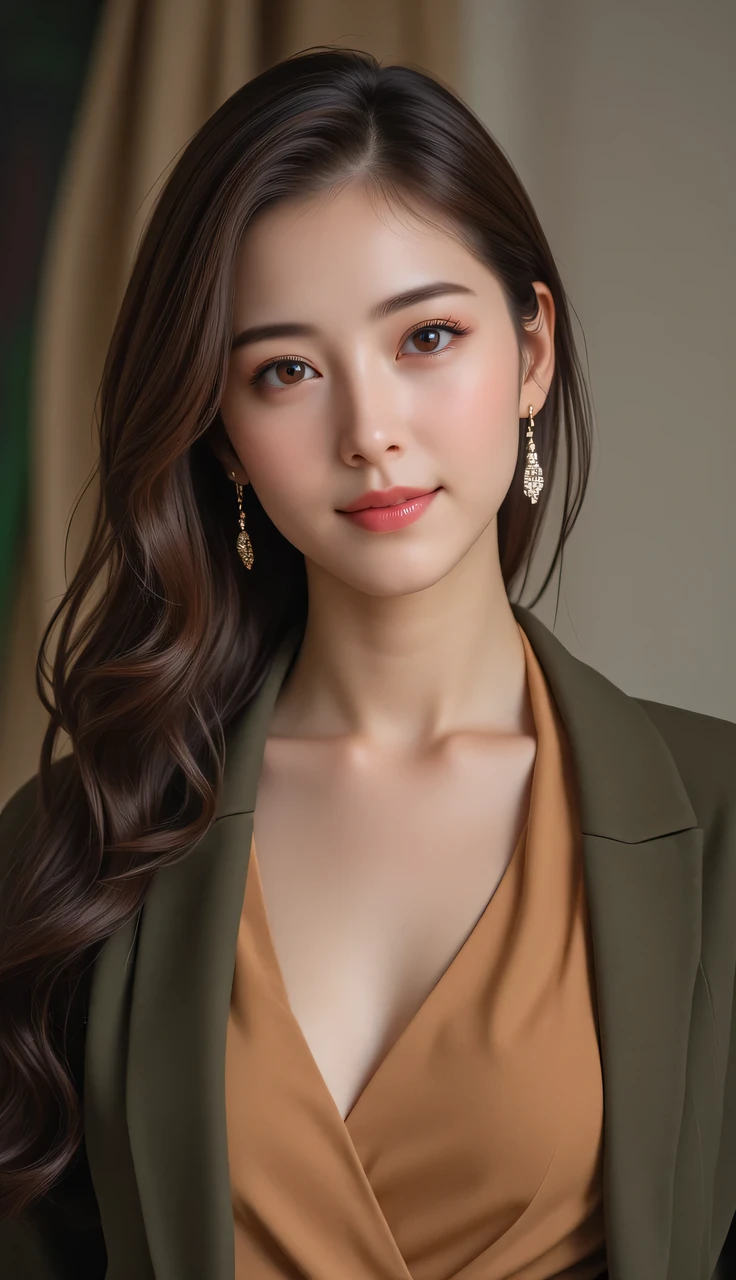 This woman's allure is a blend of her mature sensibility and the grace in her demeanor. Her hairstyle, perfectly chosen to frame her face, and her sophisticated wardrobe, reflect her refined taste and life experience. Her smile, warm and inviting, is a reflection of her calm and collected attitude towards life.