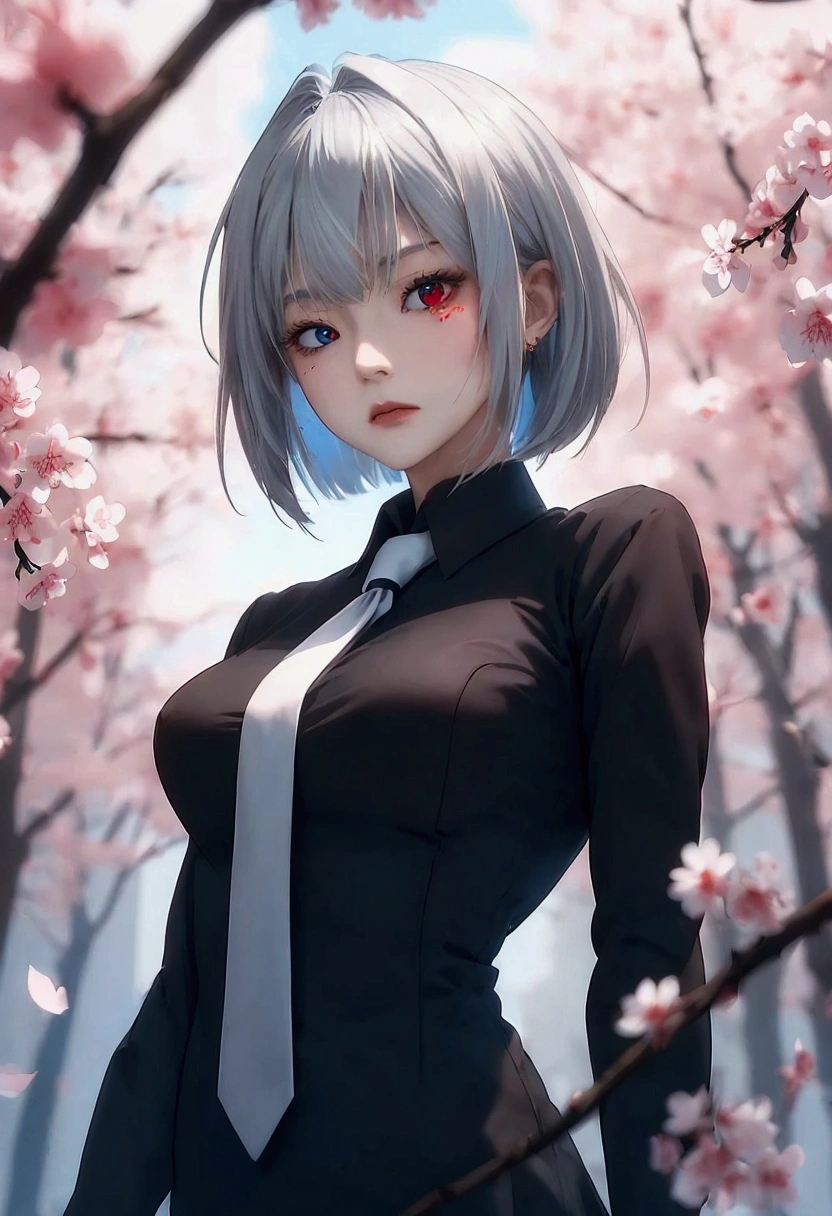 woman。Muscle White。Gray Hair。Bob。Odd Eye。Right eye is red。Left eye is blue。Black long shirt。White tie。whole body。cherry blossoms。Anime Style。