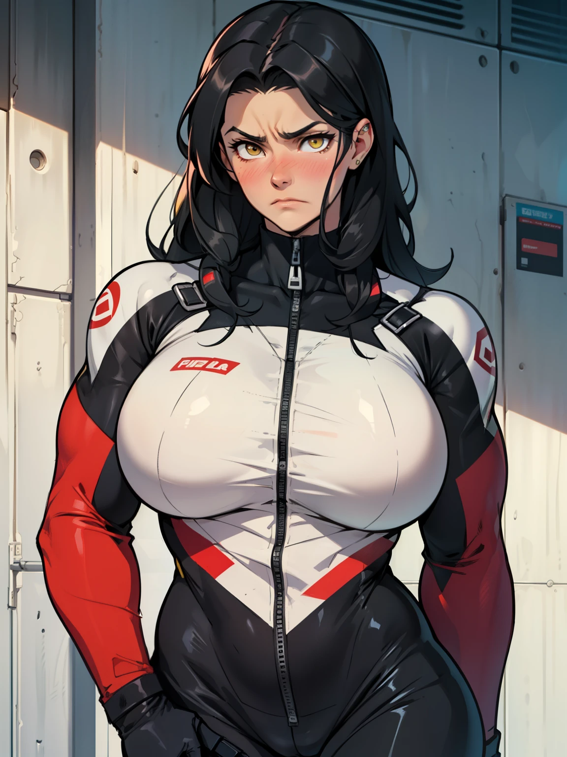 (((muscular girl toned body large breasts))) pale skin black hair yellow eyes sad frown blush bodysuit bodysuit bodysuit perfect anatomy perfect anatomy perfect anatomy perfect anatomy