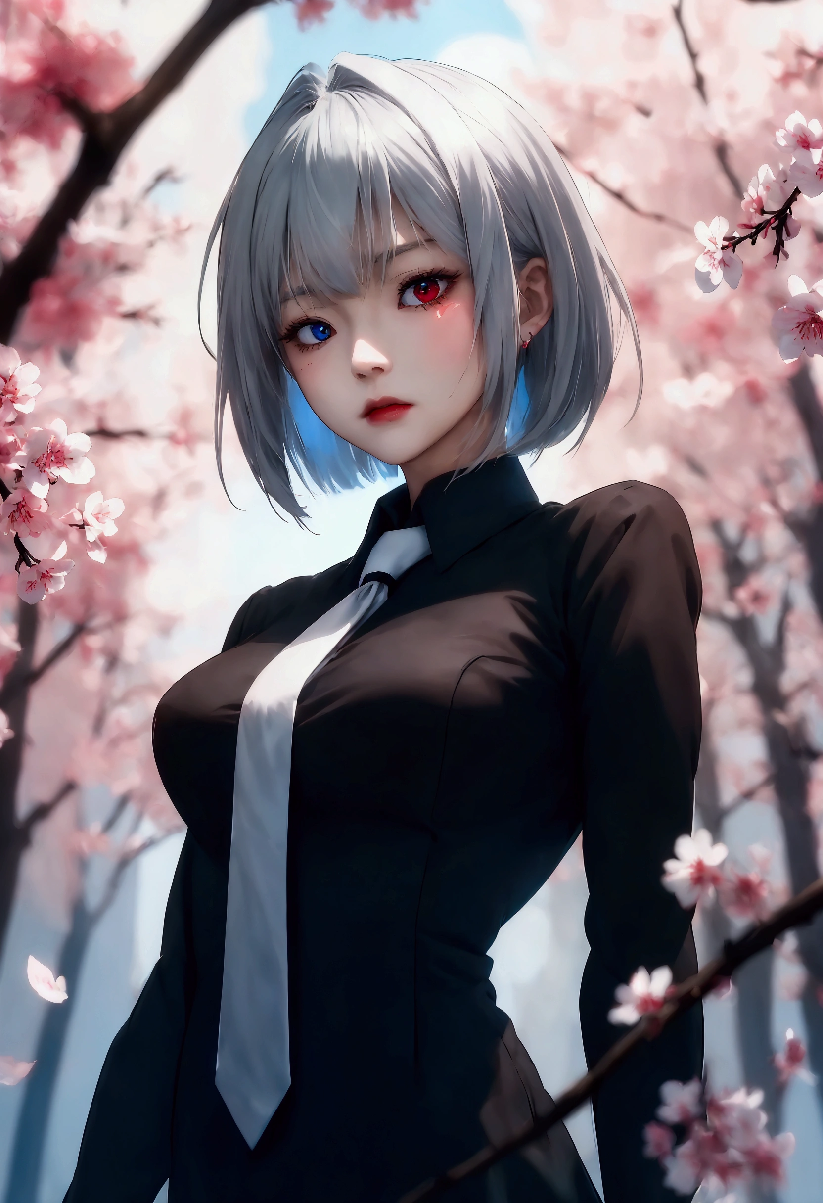 woman。Muscle White。Gray Hair。Bob。Odd Eye。Right eye is red。Left eye is blue。Black long shirt。White tie。whole body。cherry blossoms。Anime Style。