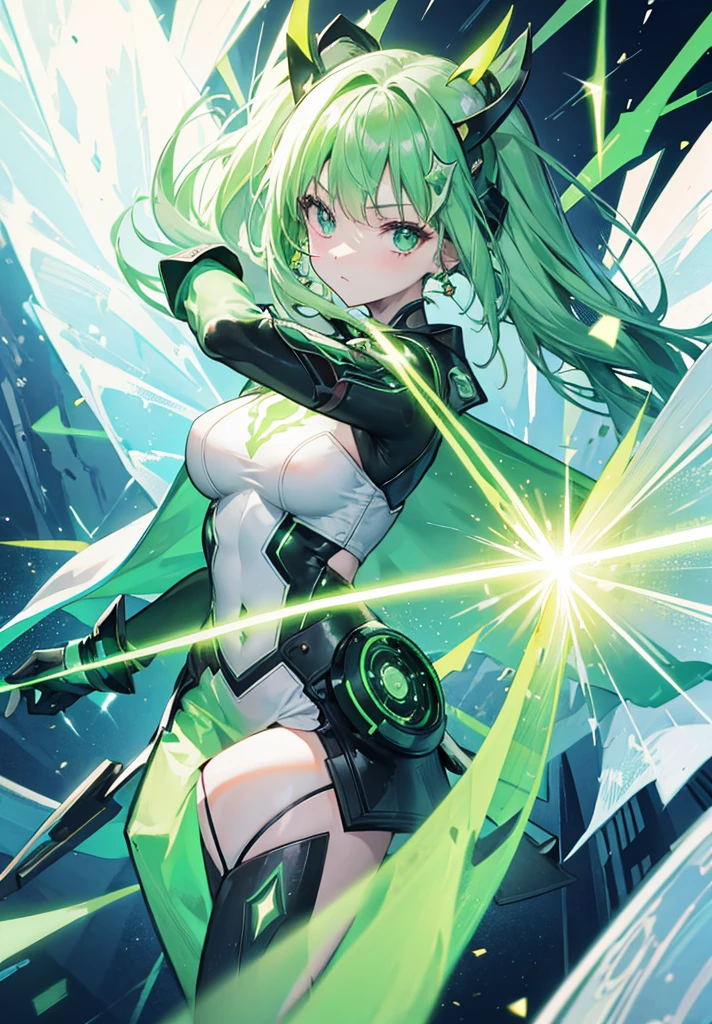 DJ,ponytail,1 person,club house,Turntable,Mirror ball,smile,headphone,Raise one arm,high school girl,Green Hair,No sleeve,Black Pantyhose,front,Near future,highest quality,High resolution,Close-up,Droopy eyes,Green Eyes,uniform,Straight bangs,Black and green outfit