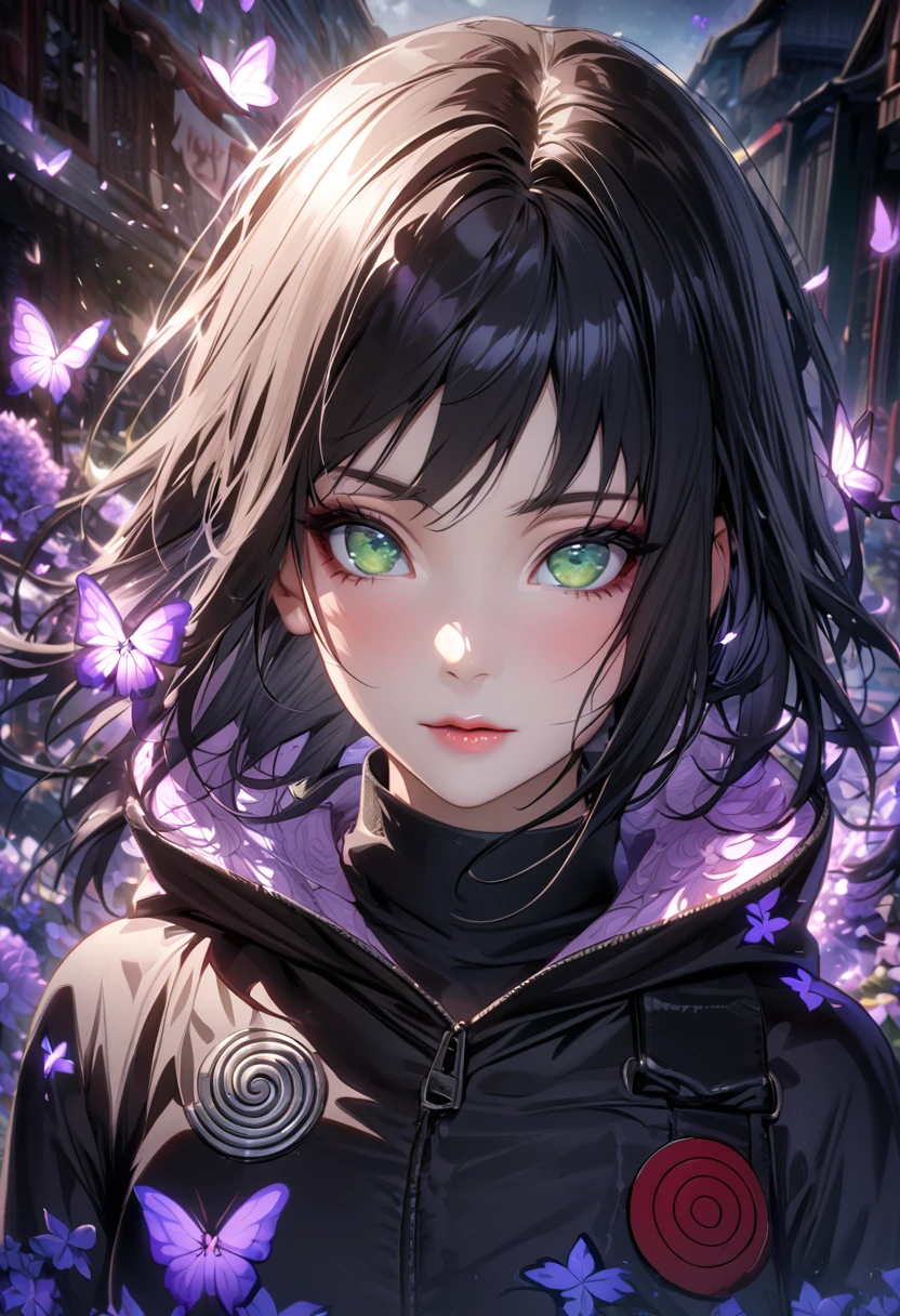 Ultra detailed, Highres, absurdres, HDR, fair comlexion, green eyes, long black hair, Naruto Shippuden, purple flames, butterflies, beautiful, 1 woman only, very detailed face and eyes, flowers and petals, Uchiha crest.