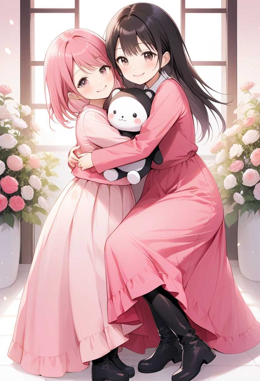  BEAUTIFUL GIRLS、とてもcute天使、Pink Tata Dress、cute、baby face、smile、  long skirt  、  black long boots  、 hugging each other