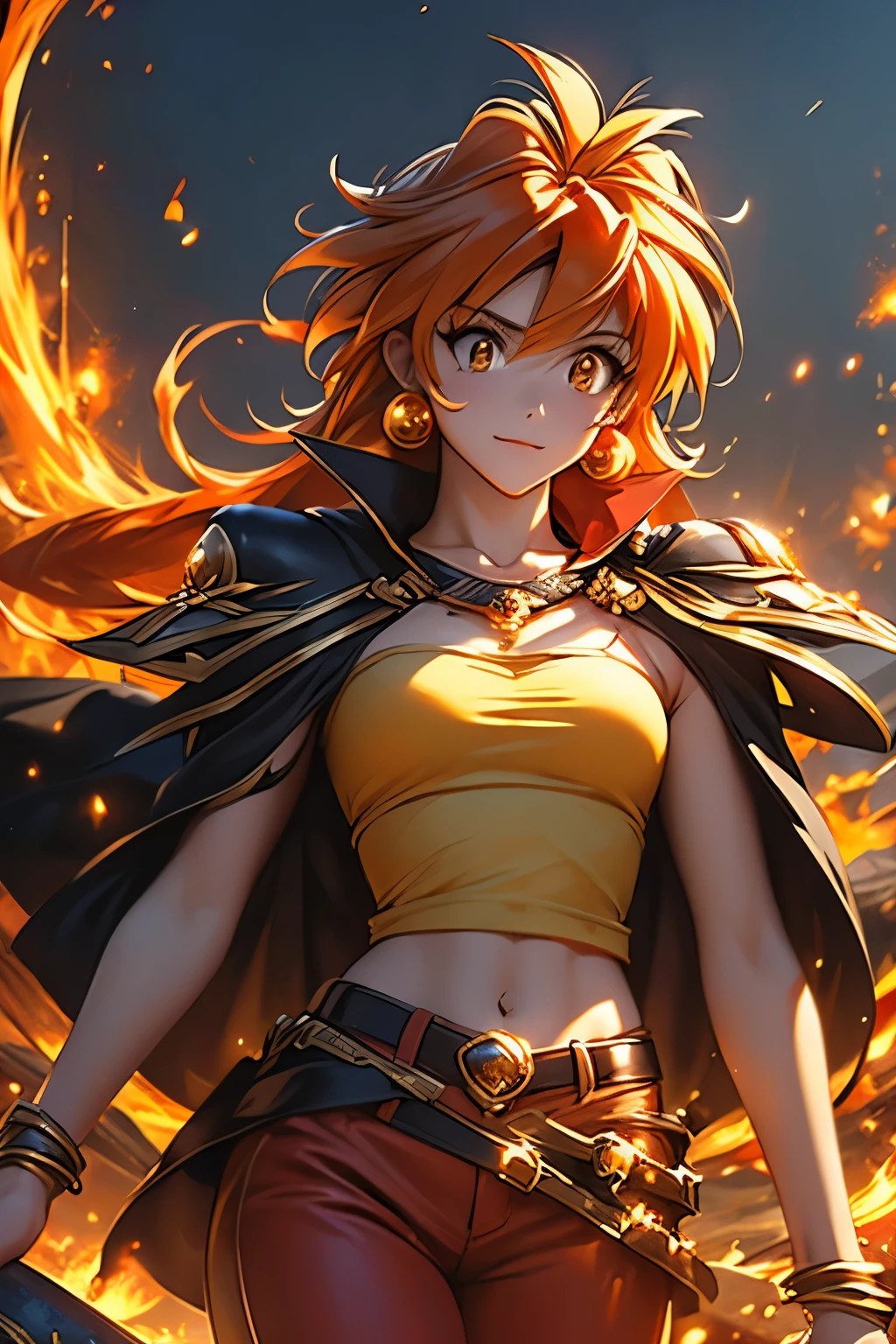 （（（ＳＦＷ、Highest quality、 first class、masterpiece、Normal body、8k、Detailed face、Ultra-precision、Normal hand、Normal finger、Masterpiece）））、-Slayers-、 Reinverse 、Lina Inverse、mage 、Orange Hair、 yellow tube top、red pants 、Black Cape、Black Gold Shoulder Strap 