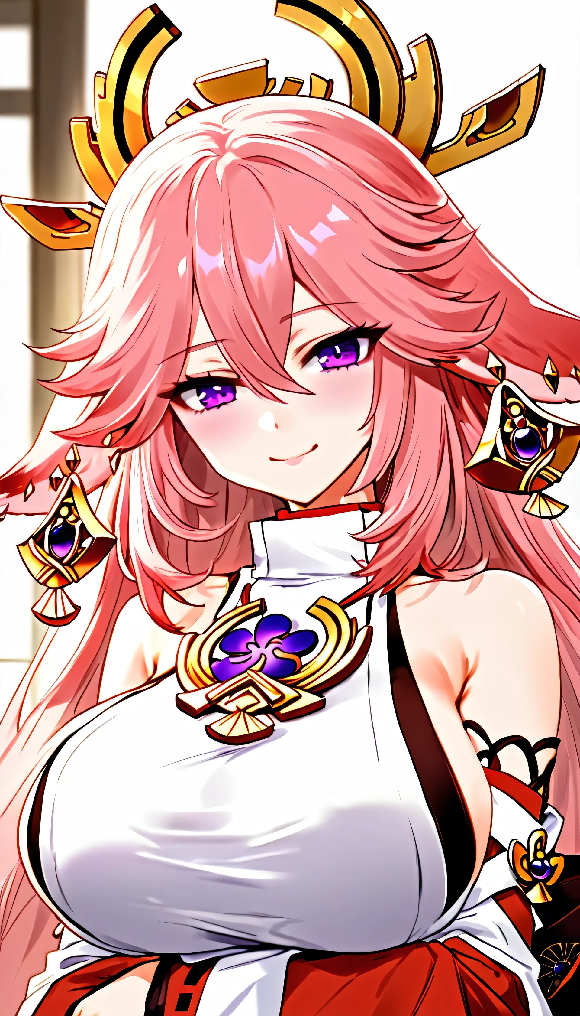 heya~ this cute art is of a character in the anime anime 'darling in the francise' by izumi, 1girl, yae miko, solo, breasts, pink hair, long hair, purple eyes, detached sleeves, looking at viewer, large breasts, smile, wide sleeves, bare shoulders, japanese clothes, 8K, , look at viewer, best quality, detail, HD, high resolution, masterpiece, textured skin, low sparkle, low bloom, motion blur, cheeks flushed, anime, beautiful, simple art
