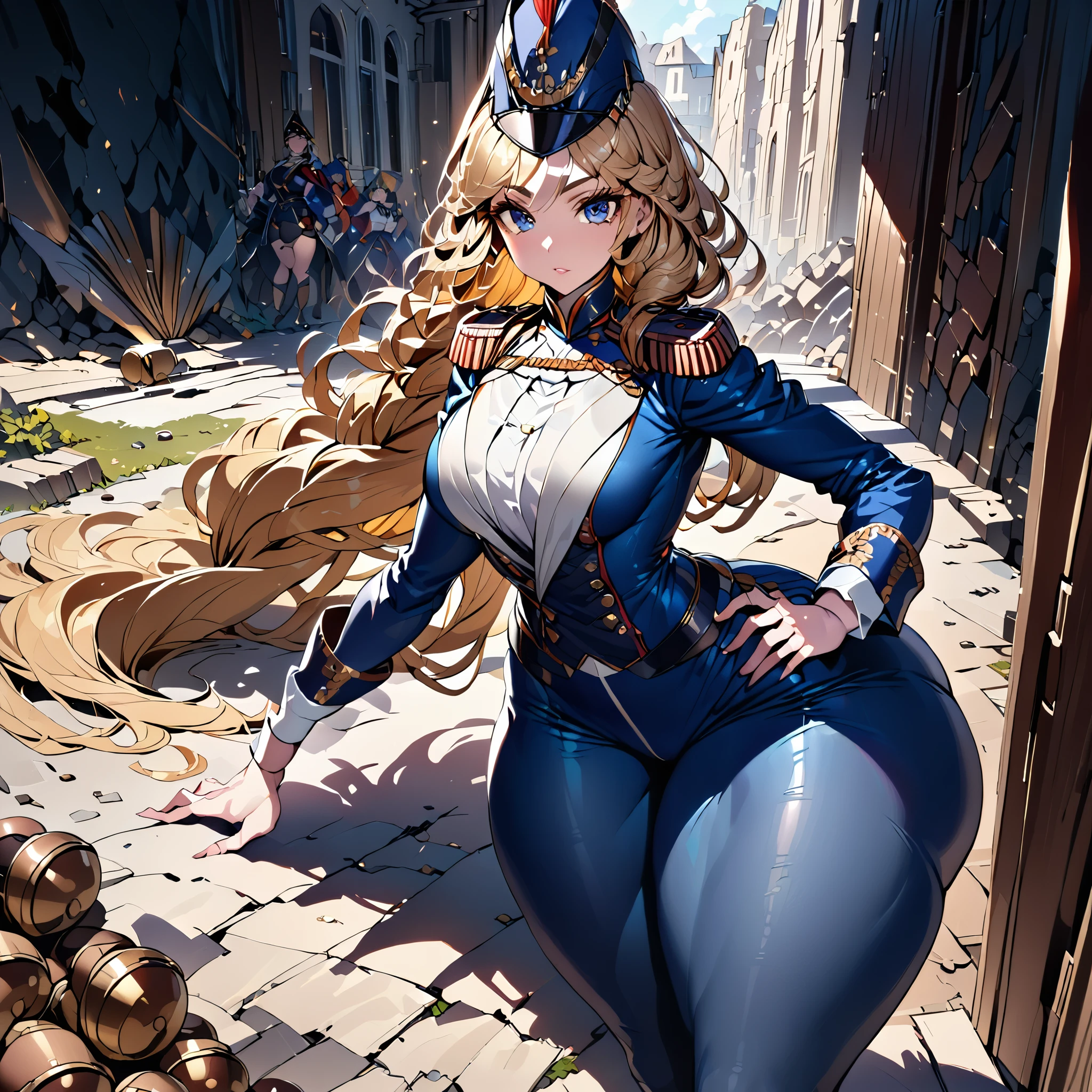 A woman, smooth skin, piel Blanca, big eyes, long eyelashes , flat breasts, small torso,  wide hips, thick thighs , ( Best quality ),  masterpiece ,  Brown hair, blonde hair, Pride, Milf,  mature woman , (Early Modern Soldier ) , ( she's wearing a French military general's uniform), (she's wearing tight pants ), (ultra high Bloom), (High quality Shaders), (shadows), (Ultra shadow quality), (hyperrealism), ( She is in a house that has been devastated by bombs), portrait