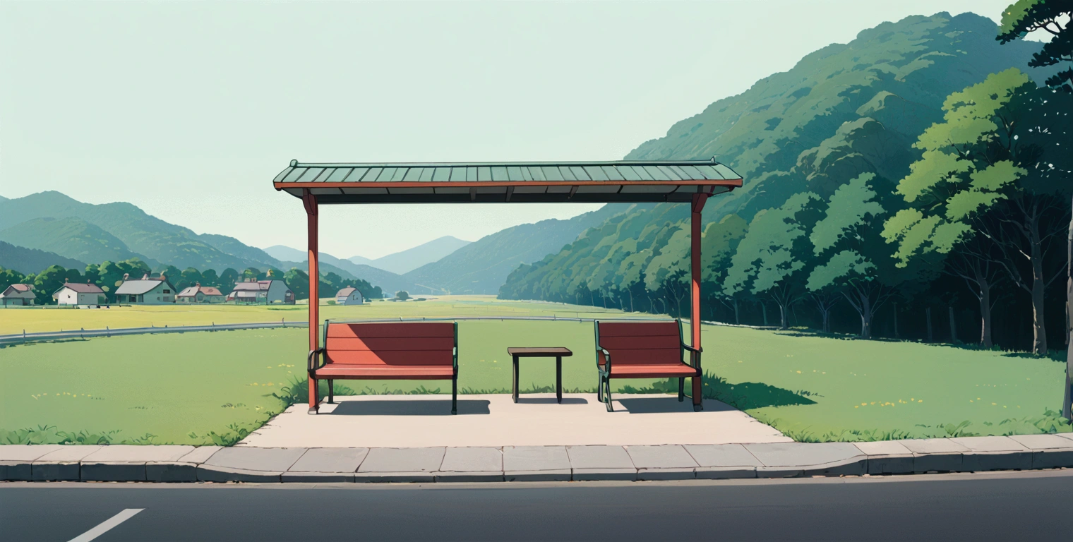 (minimalism:1.4), Lofi anime style, Studio Ghibli art, Miyazaki ,pastel , cute ,minimalist , SPIRITED AWAY From Hayao Miyazak ,No one is there , No people , Landscape , Place for waiting at bus stop