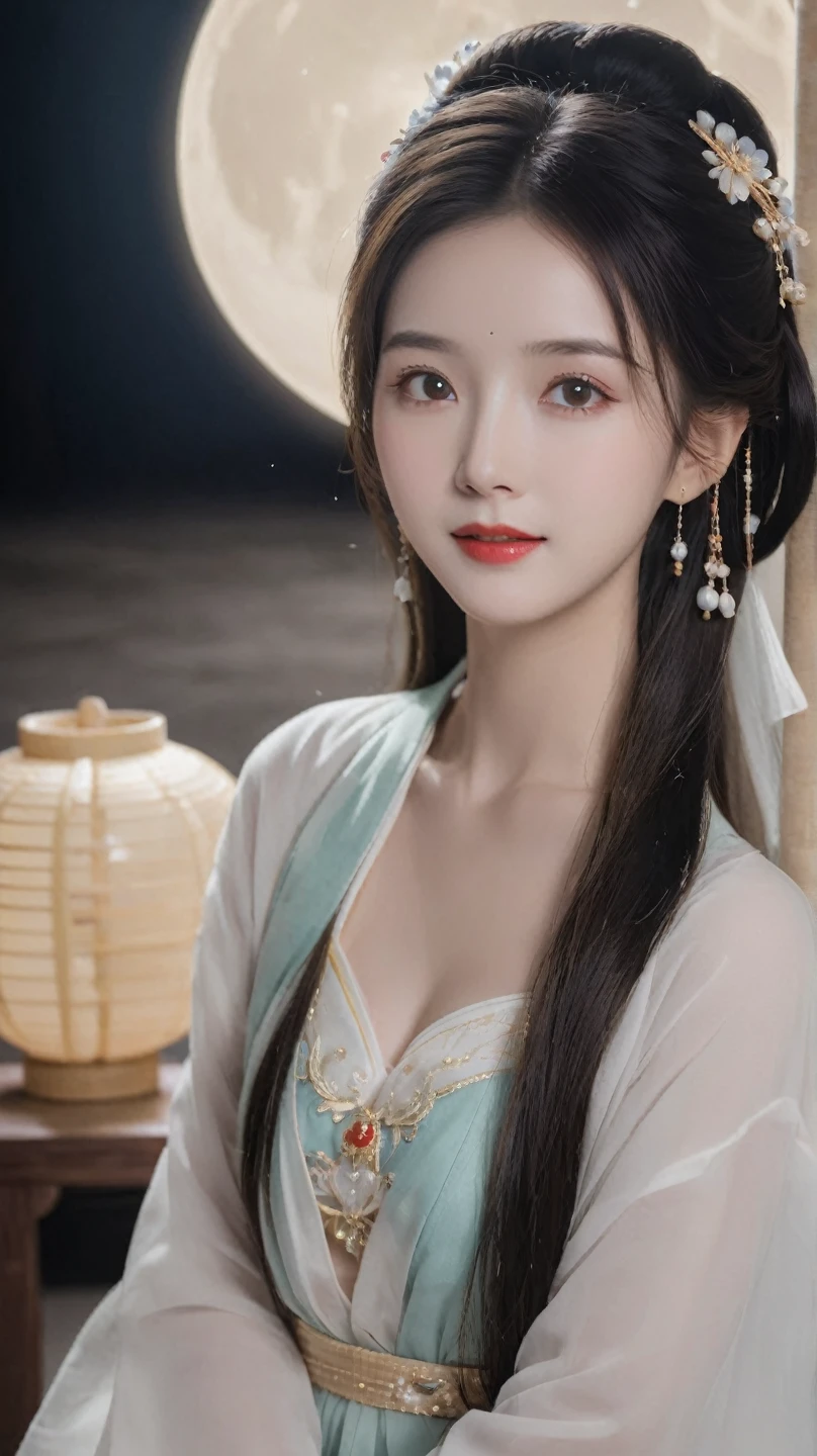 Full Moon Night，Beautiful woman in Hanfu sitting in front of the camera，Flip through books elegantly， Her delicate facial features showed a perfect face。She has a beautiful and delicate appearance，Wearing Hanfu， The colorful colors made it even more dazzling 。She has long hair，Wearing a shawl，Show off the charm of charm。This is a real photo，Showcases the figure and charm of the perfect woman。She performed alone on stage ，With a charming smile on his face，Perfect display of Hanfu charm。
