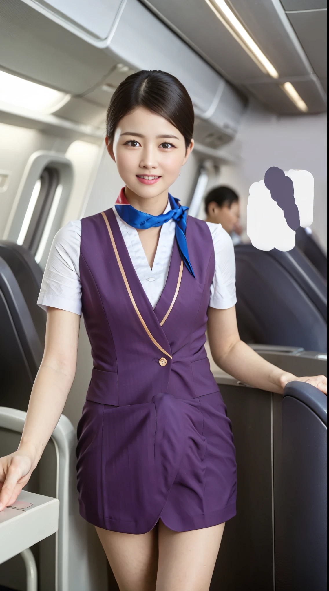 Best Quality、 table top to cover upper arms、8k、Highest quality、Award-winning works), Two beautiful women、 Glowing Beautiful Skin  , masterpiece、top-quality、 ultra-fine、 depth of field 、 lens flare 1 girl、、Brown Hair,   staring at the viewer's gaze ,Small breasts ,    Stewardess Uniform, (  Stewardess Blazer:1.3),  shirt,  short skirt , ( black high heels, Model pose,  view from below, smile , Airplane cabin, (Erection under clothes)
