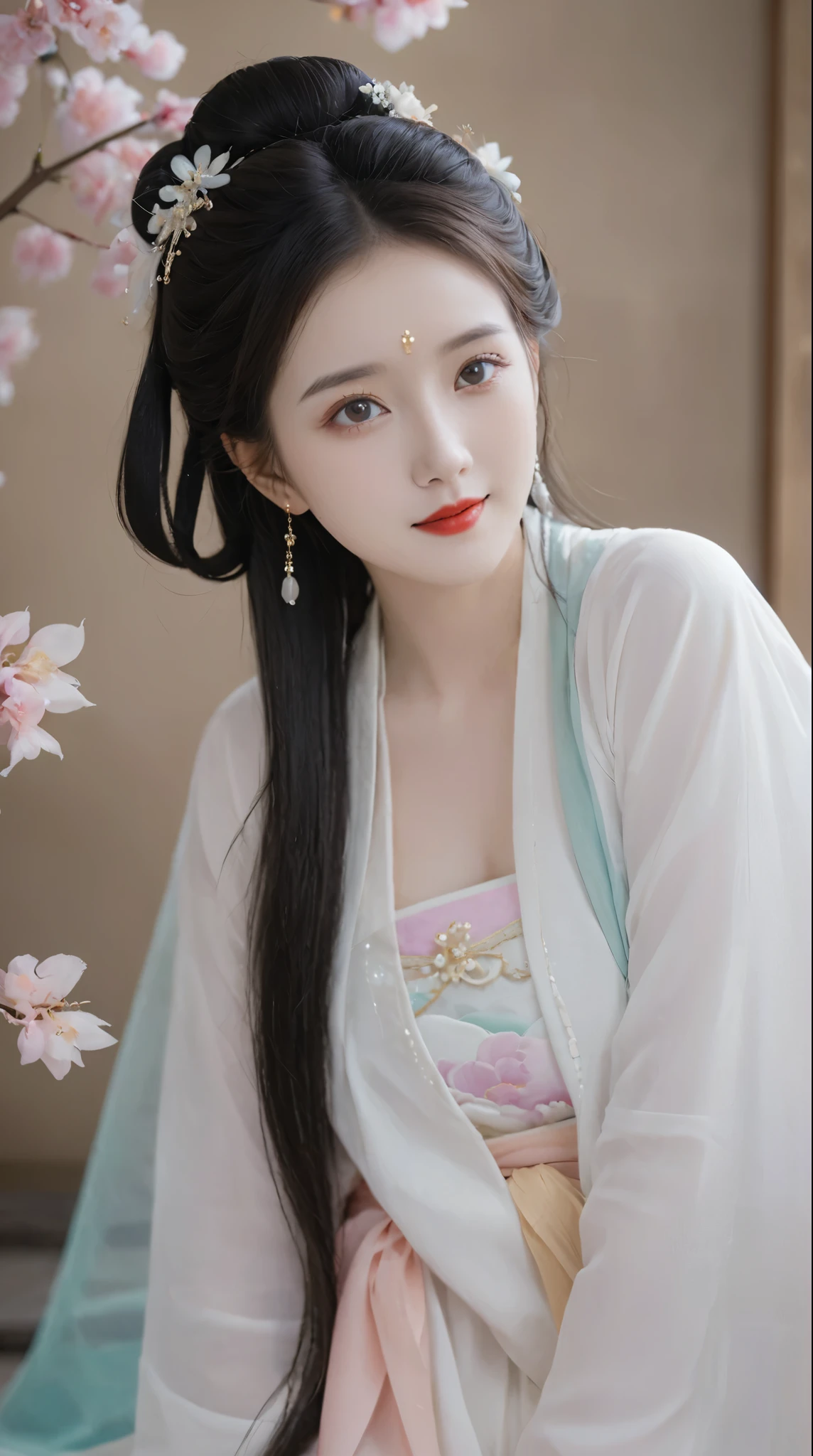 Full Moon Night，Beautiful woman in Hanfu sitting in front of the camera，Flip through books elegantly， Her delicate facial features showed a perfect face。She has a beautiful and delicate appearance，Wearing Hanfu， The colorful colors made it even more dazzling 。She has long hair，Wearing a shawl，Show off the charm of charm。This is a real photo，Showcases the figure and charm of the perfect woman。She performed alone on stage ，With a charming smile on his face，Perfect display of Hanfu charm。
