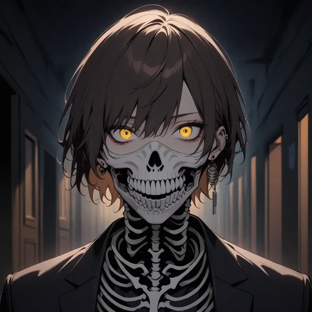 One Person, Half Body, Adult Male, Brown Hair, Short Hair, Light Yellow Eyes, Skeleton Mask, Helix Earring, Silver Necklace, Black Suit , Night, Hallways, Horror, Poker Face, Black Aura,