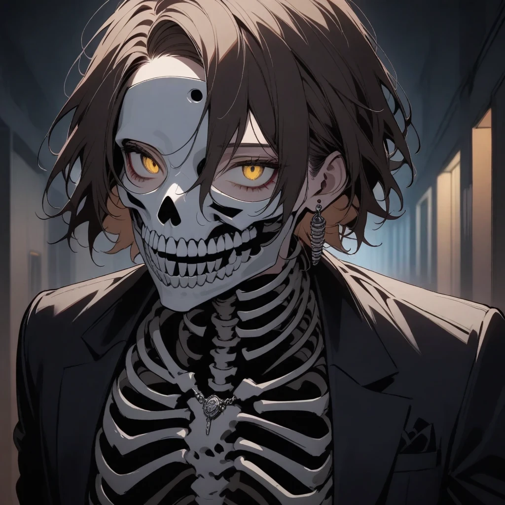 One Person, Half Body, Adult Male, Brown Hair, Short Hair, Light Yellow Eyes, Skeleton Mask, Helix Earring, Silver Necklace, Black Suit , Night, Hallways, Horror, Poker Face, Black Aura,