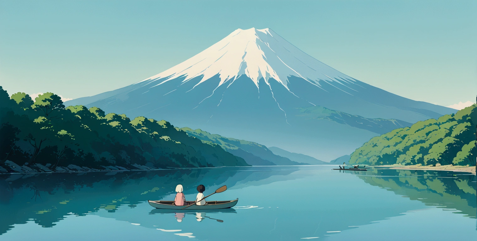 (minimalism:1.4), Lofi anime style, Studio Ghibli art, Miyazaki ,pastel , cute ,minimalist , SPIRITED AWAY From Hayao Miyazak ,No one is there , No people , Landscape , Rowing boat on the lake