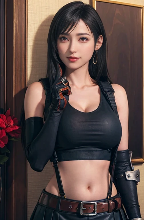 ff7r style, 
tifa lockhart, 1girl, thick lips, arm up, armpits, artist name, belt, black hair, breasts, red eyes, cleavage, closed mouth, collarbone, cowboy shot, crop top, earrings, elbow gloves, elbow pads, gloves, jewelry, large breasts, lips, long hair, low-tied long hair, midriff, navel,   indoors, skirt, smile, solo, stomach, suspenders, tank top, upper body, ((masterpiece))