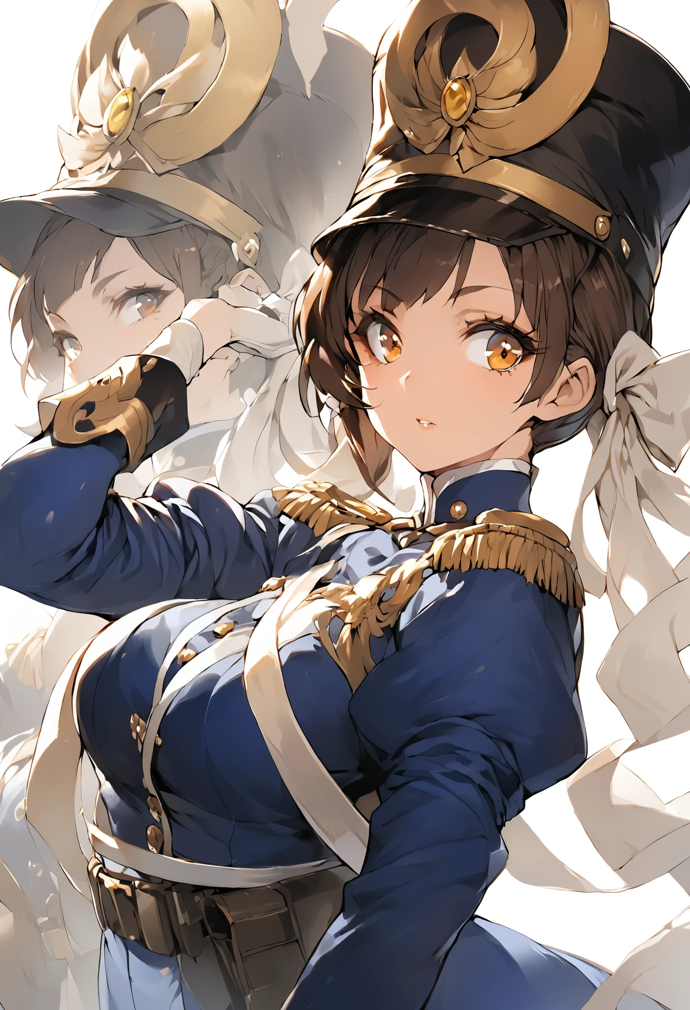 A woman, smooth skin, piel Blanca, big eyes, long eyelashes , small torso,  wide hips, ( Best quality ),  masterpiece ,  Brown hair, chun li, Milf,  mature woman , (Early Modern Soldier ) , ( she is wearing a military general's uniform ), (She is wearing a bicorn hat), (ultra high Bloom), (High quality Shaders), (shadows), (Ultra shadow quality), (She's on the streets of London in 1850 ) 