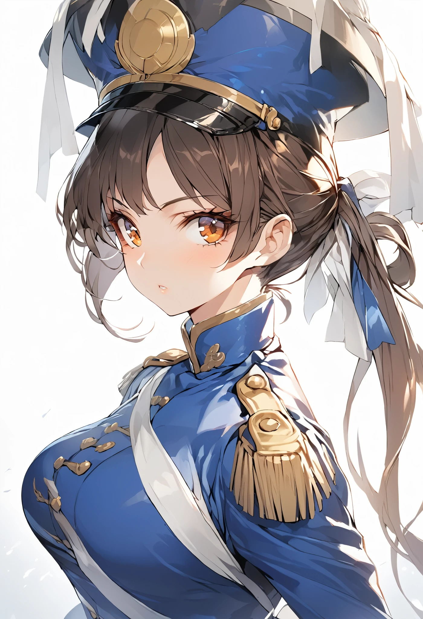 A woman, smooth skin, piel Blanca, big eyes, long eyelashes , small torso,  wide hips, ( Best quality ),  masterpiece ,  Brown hair, chun li, Milf,  mature woman , (Early Modern Soldier ) , ( she is wearing a military general's uniform ), (She is wearing a bicorn hat), (ultra high Bloom), (High quality Shaders), (shadows), (Ultra shadow quality), (She's on the streets of London in 1850 ) 