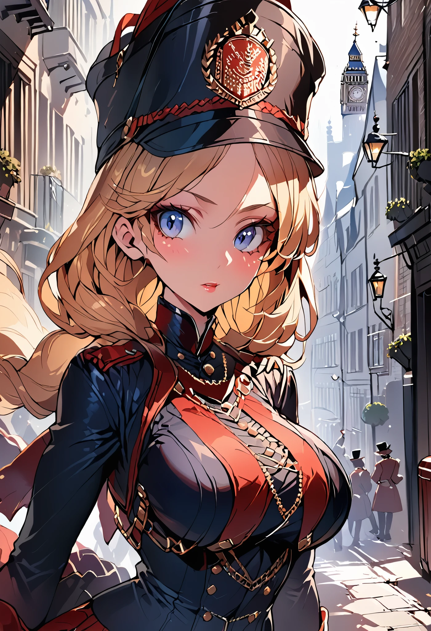 A woman, smooth skin, piel Blanca, big eyes, long eyelashes , small torso,  wide hips, ( Best quality ),  masterpiece , blonde hair, Milf,  mature woman , (Early Modern Soldier ) , ( she is wearing a military general's uniform ), (She is wearing a bicorn hat), (ultra high Bloom), (High quality Shaders), (shadows), (Ultra shadow quality), (She's on the streets of London in 1850 ) 