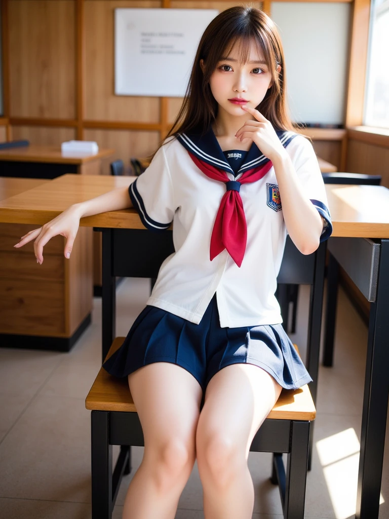  standing in a school classroom,White sailor shirt and navy bikini bottoms,18-year-old,bangs,a little smile,thighs,Total,knees,short cut hair,ponytail,from below、squat down and open your legs、spread legs、Black leather loafers