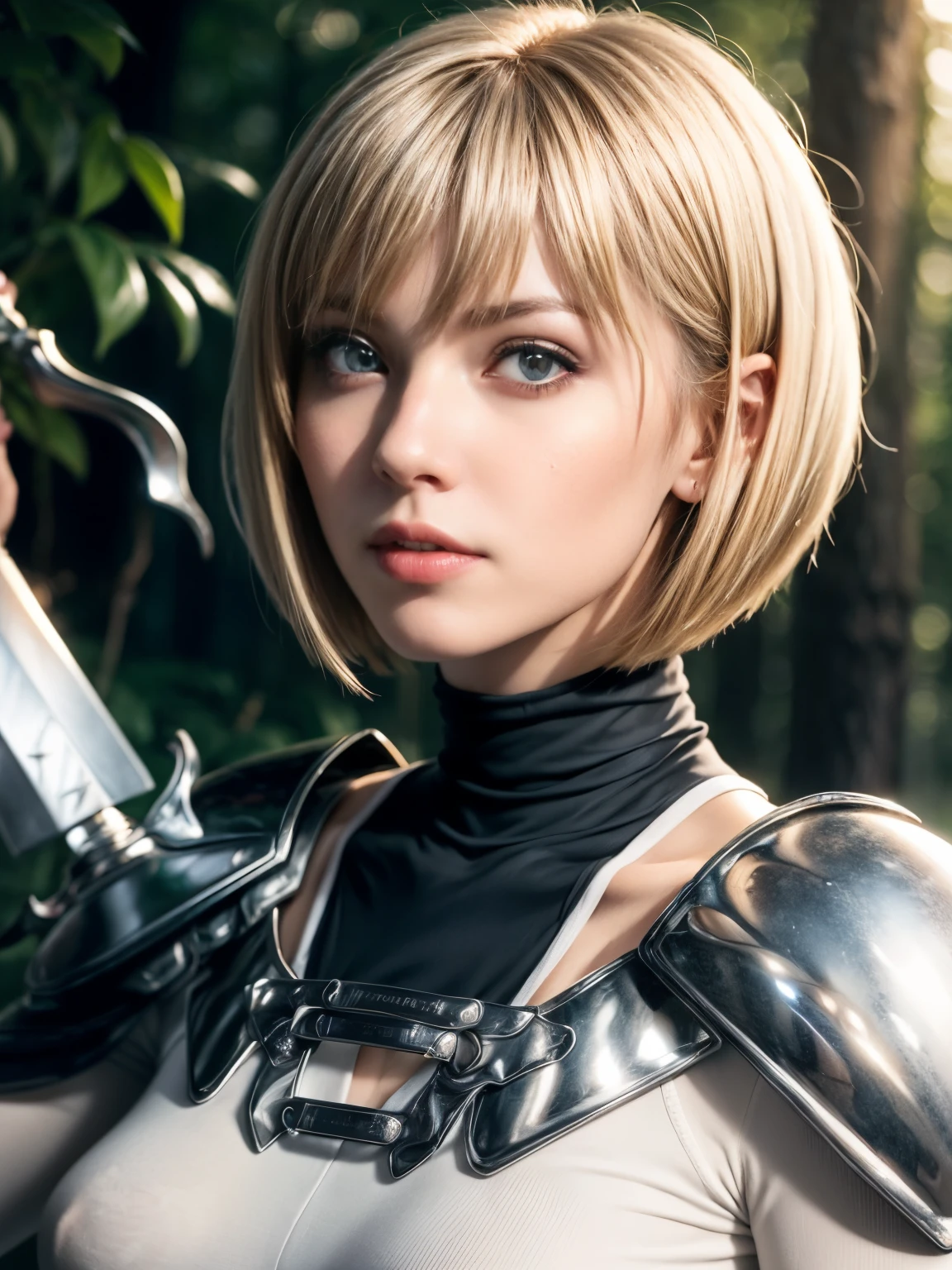 1girl, full_body, (masterpiece, best quality:1.4), (holding a big sword with two hands:1.4), (full body:1.4), (sword attack pose:1.4), in an enchanted forest, rule_of_thirds, clare, grey eyes, armor, bodysuit, blonde bob haircut, blonde bangs, perfect Norse female face, beautiful silver eyes , sexy smile, beautiful face, (highly detailed face), highly detailed eyes, highly detailed skin, skin pores, subsurface scattering, realistic pupils, medium breast, full face blush, full lips, detailed background, depth of field, volumetric lighting, sharp focus, absurdres, realistic proportions, good anatomy, (realistic, hyperrealistic:1.4), 16k hdr, thin, bonespo, thinspo, Eugenia Cooney body, thin face, thin body, tall,