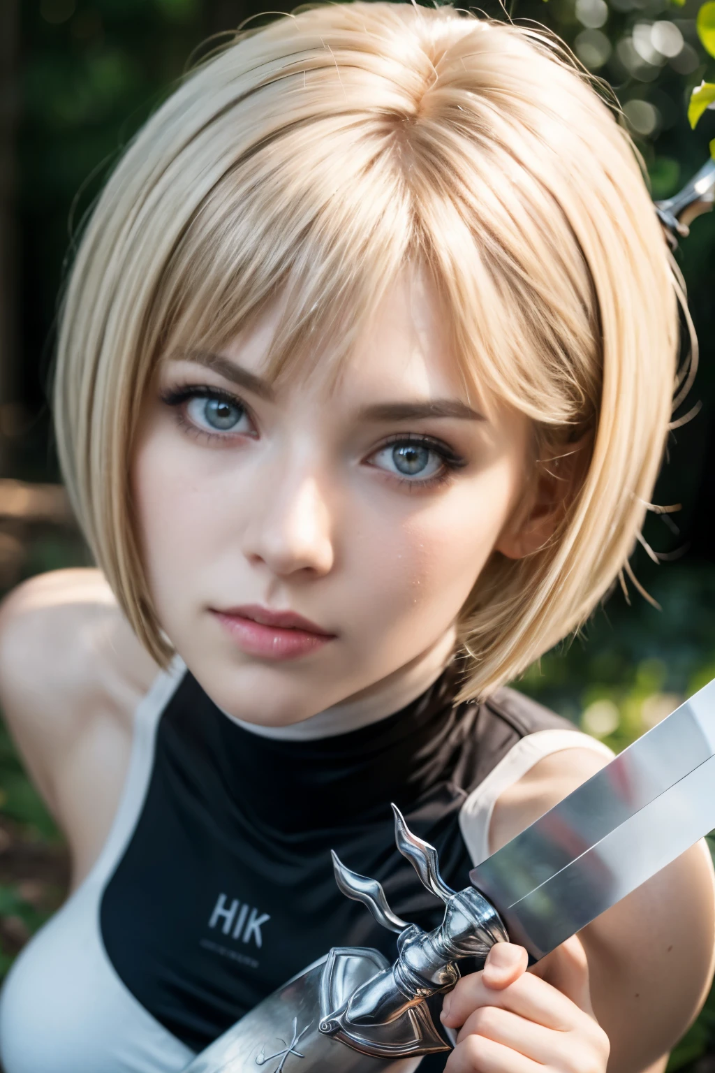 1girl, full_body, (masterpiece, best quality:1.4), (holding a big sword with two hands:1.4), (full body:1.4), (sword attack pose:1.4), in an enchanted forest, rule_of_thirds, clare, grey eyes, armor, bodysuit, blonde bob haircut, blonde bangs, perfect Norse female face, beautiful silver eyes , sexy smile, beautiful face, (highly detailed face), highly detailed eyes, highly detailed skin, skin pores, subsurface scattering, realistic pupils, medium breast, full face blush, full lips, detailed background, depth of field, volumetric lighting, sharp focus, absurdres, realistic proportions, good anatomy, (realistic, hyperrealistic:1.4), 16k hdr, thin, bonespo, thinspo, Eugenia Cooney body, thin face, thin body, tall,