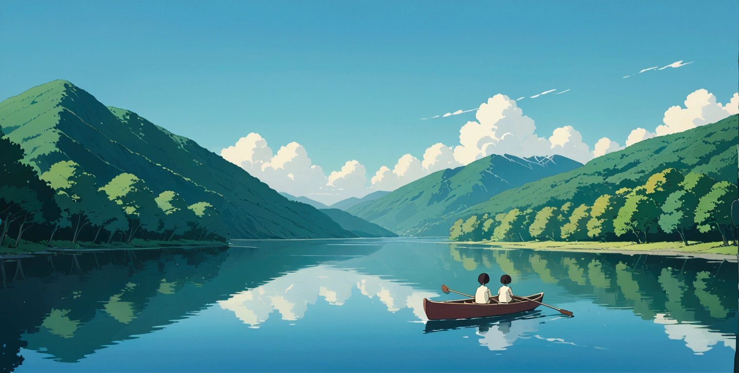 (minimalism:1.4), Lofi anime style, Studio Ghibli art, Miyazaki ,pastel , cute ,minimalist , SPIRITED AWAY From Hayao Miyazak ,No one is there , No people , Landscape , Rowing boat on the lake