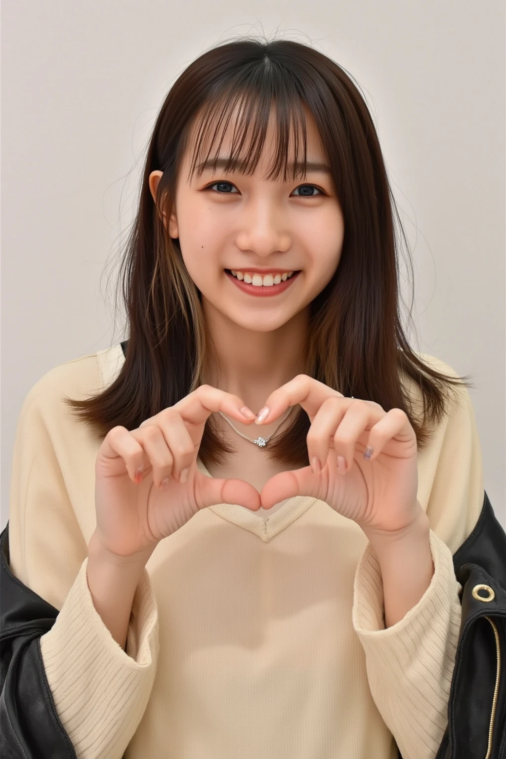 She is in a pose wearing a sexy camisole, making a firm big heart shape with both hands, and holding it in front of her chest, Cute smile up

