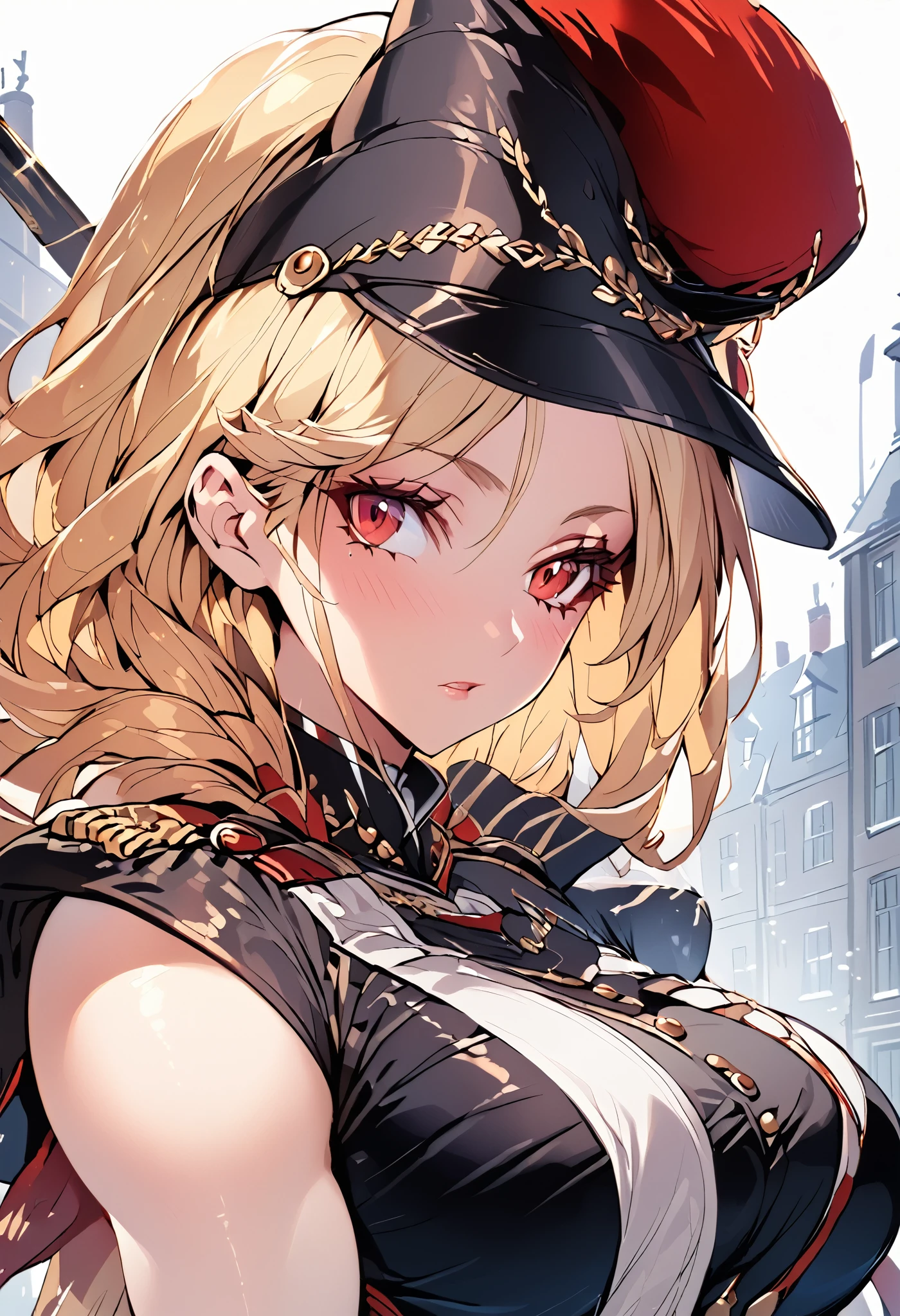 A woman, smooth skin, piel Blanca, big eyes, long eyelashes , small torso,  wide hips, ( Best quality ),  masterpiece , blonde hair, Milf,  mature woman , (Early Modern Soldier ) , ( she is wearing a military general's uniform ), (She is wearing a bicorn hat), (ultra high Bloom), (High quality Shaders), (shadows), (Ultra shadow quality), (She's on the streets of London in 1850 ) 