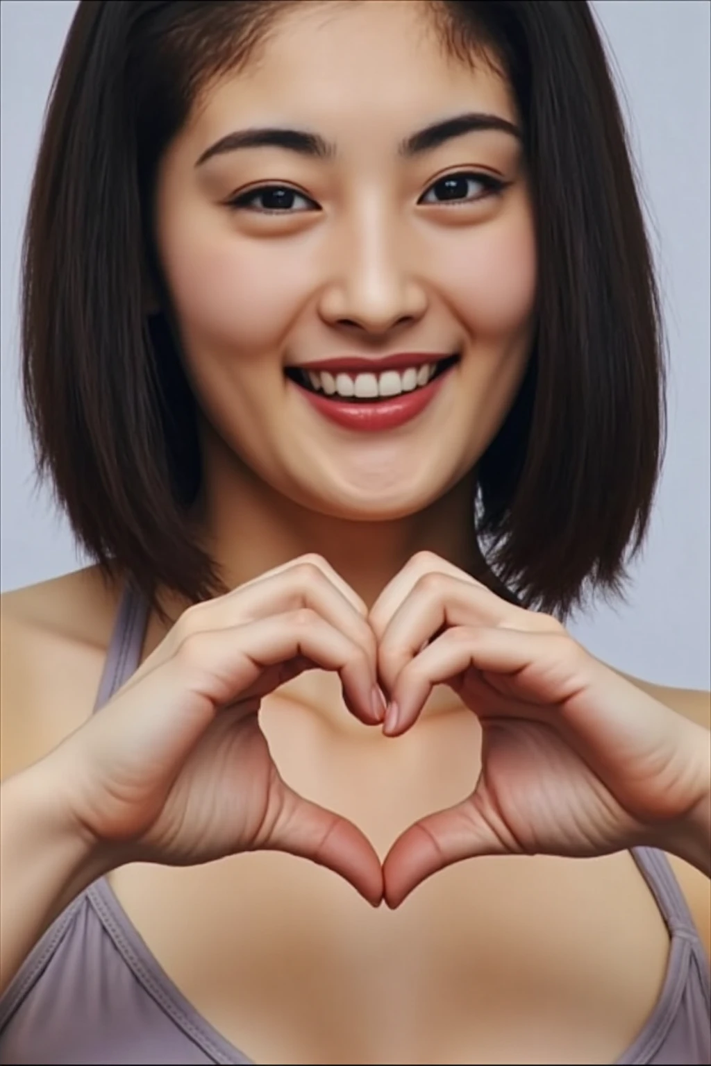 She is in a pose wearing a sexy camisole, making a firm big heart shape with both hands, and holding it in front of her chest, Cute smile up

