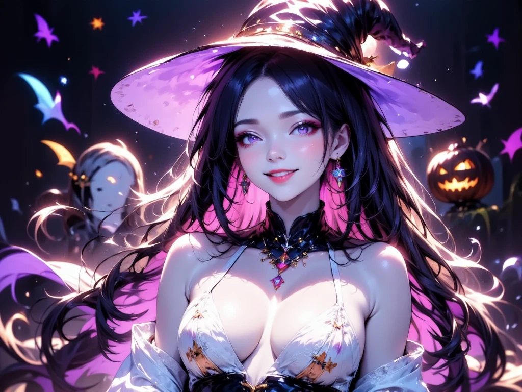 (( Best quality )), (extremadamente detallado), 8K, ultra realista, UHD, (CG Illustration, altamente detallado) (( full body :)), young woman, ((Little witch lingerie:1.5)), (Lightly white lingerie and garter belt) (short mini skirt:1.3),  smiley face, beautiful teeth,  large detailed and light blue eyes , perfect white skin,  blush on her face ,  long and silky black hair ,  with light blue lights ,  small waist belly piercing , (large and round breasts:1.4), visible shoulders, muslos grandes, (white stockings with lace:1.2),  long toned and beautiful legs, white tennis shoes