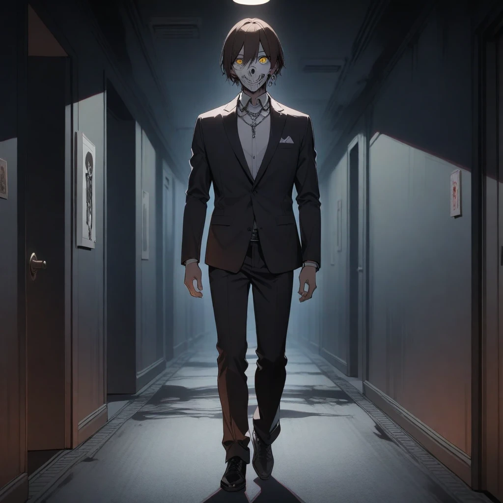 One Person, Full Body, Adult Male, Brown Hair, Short Hair, Light Yellow Eyes, Skeleton Mask, Helix Earring, Silver Necklace, Black Suit , Night, Hallways, Horror, Poker Face, Black Aura,