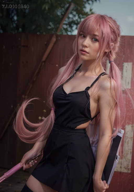 Anime girl with pink hair and black dress pose, ulzzangs, 2 b, 2b, In summer, Junko Enoshima, Black White Pastel Pink, wearing black camisole outfit, taken with canon 8 0 d, Full body:: Sunny weather::, black white pink, guweiz, sun yunjoo, ( ivory black ), Rin
