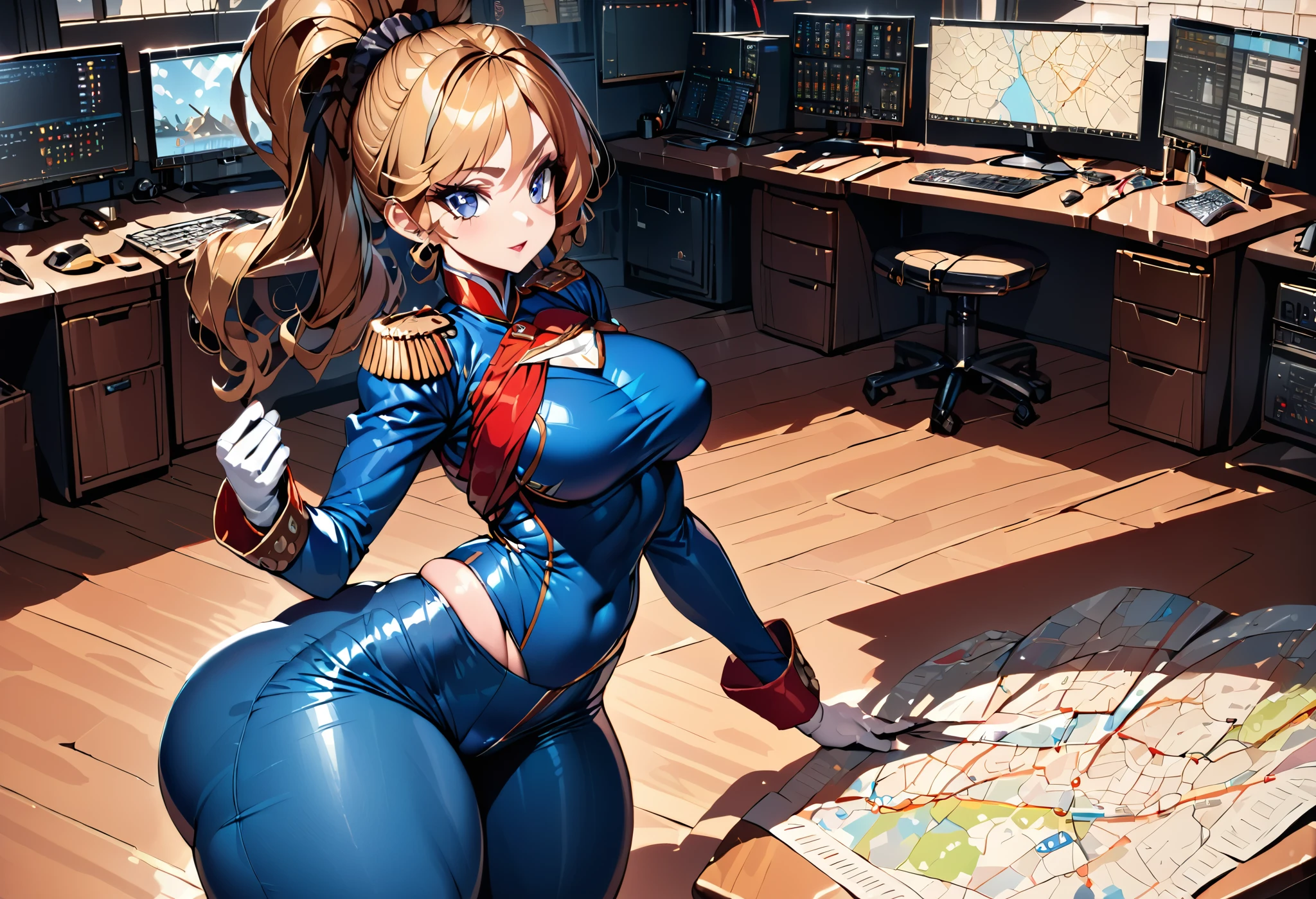 A woman, smooth skin, piel Blanca, big eyes, long eyelashes , flat breasts, small torso,  wide hips, thick thighs , ( Best quality ),  masterpiece ,  Brown hair, blonde hair, Pride, Milf,  mature woman , (Early Modern Soldier ) , ( she's wearing a French military general's uniform), (she's wearing tight pants ), (ultra high Bloom), (High quality Shaders), (shadows), (Ultra shadow quality), (hyperrealism), ( She's in a control room , There's a big map on a table , Are you planning a combat strategy)