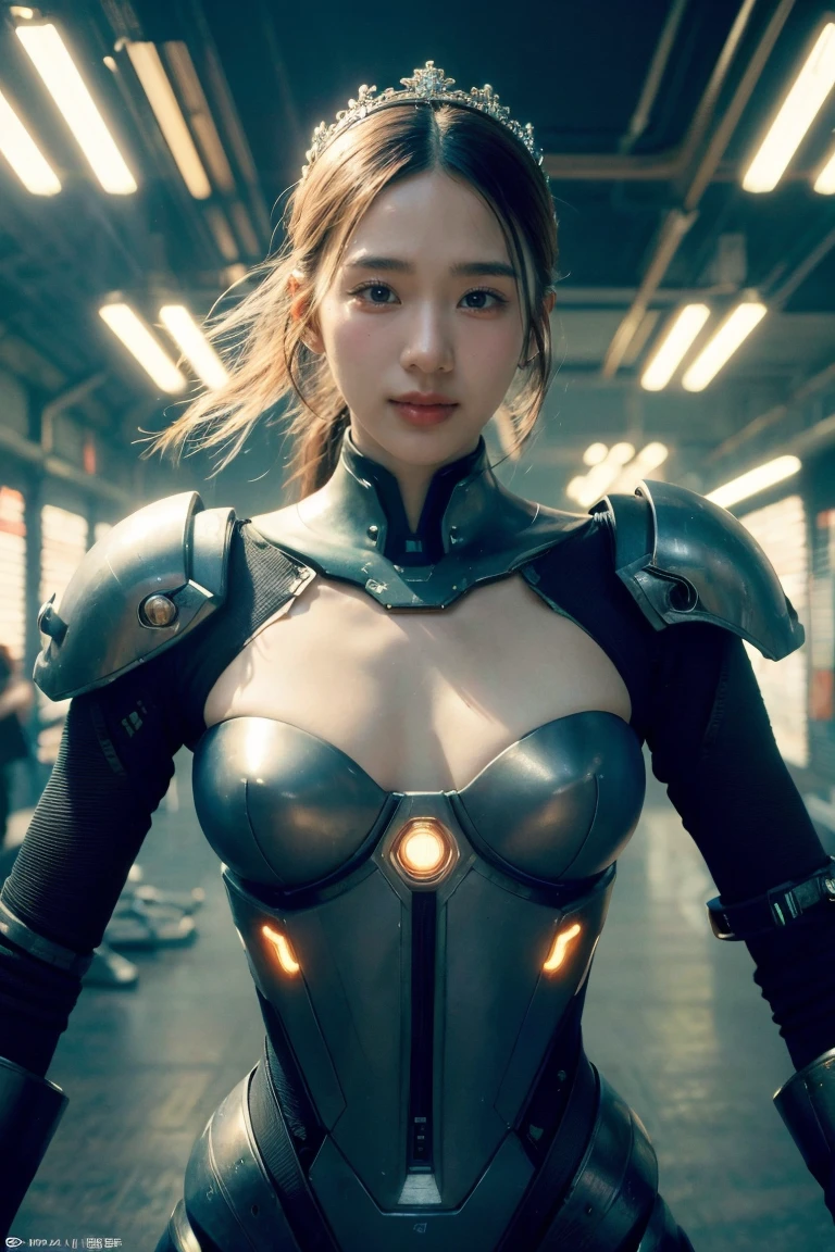 1girl, Image of a smiling 25-year-old woman., Wear futuristic cybernetic armor, Wear a huge futuristic crown..., Walk Through Charm, An ethereal forest with neon flowers and rainbows glittering in the sky..., sci-fi, intricate, neon lighting, ((perfect face)), ((perfect hands)), ((Perfect body)), ((Correct anatomy)), ((ultra realistic)), ((10, UHD)), high-detail, digital painting, Artstation, Concept Art, Human Anatomy, Soft light, smooth, illustration, Art by tian zi and craig mullins and WLOP and alphonse mucha, man, Healthy body