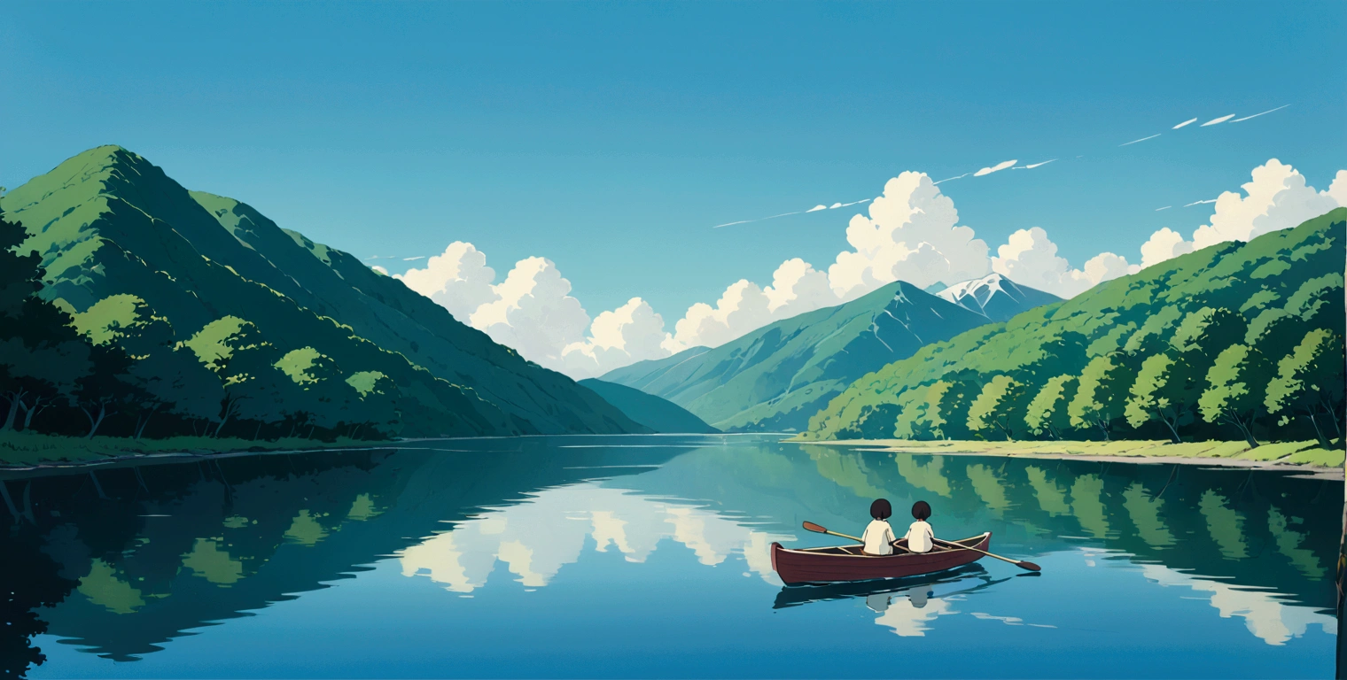 (minimalism:1.4), Lofi anime style, Studio Ghibli art, Miyazaki ,pastel , cute ,minimalist , SPIRITED AWAY From Hayao Miyazak ,No one is there , No people , Landscape , Rowing boat on the lake