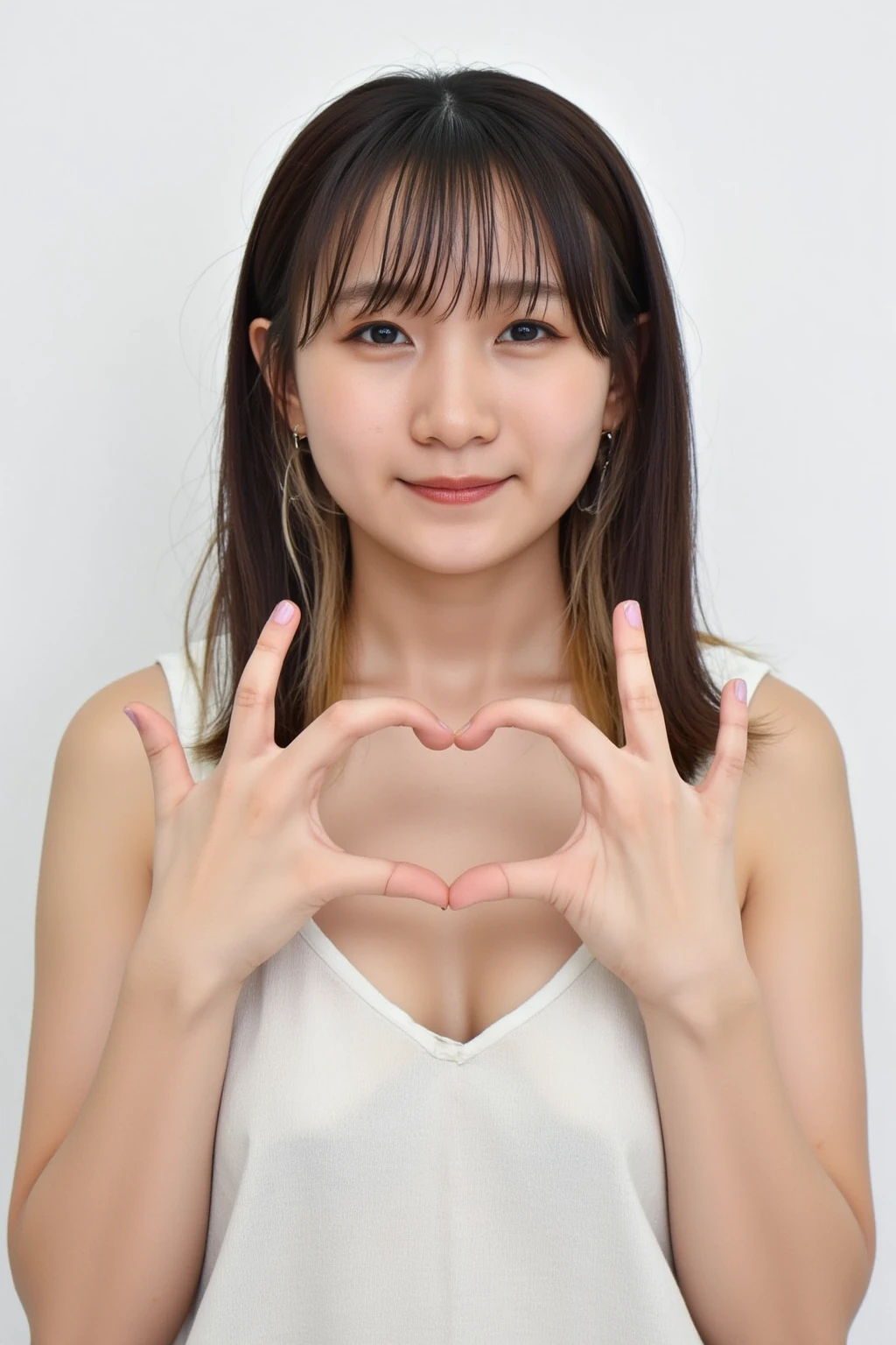 She is in a pose wearing a sexy camisole, making a firm big heart shape with both hands, and holding it in front of her chest, Cute smile up

