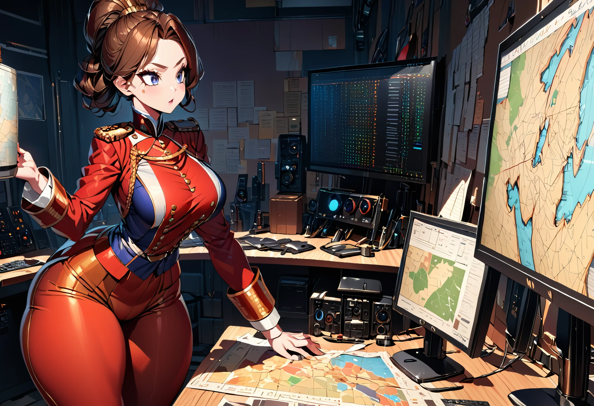 A woman, smooth skin, piel Blanca, big eyes, long eyelashes , flat breasts, small torso,  wide hips, thick thighs , ( Best quality ),  masterpiece ,  Brown hair, blonde hair, Pride, Milf,  mature woman , (Early Modern Soldier ) , ( she's wearing a French military general's uniform), (she's wearing tight pants ), (ultra high Bloom), (High quality Shaders), (shadows), (Ultra shadow quality), (hyperrealism), ( She's in a control room , There's a big map on a table , Are you planning a combat strategy)