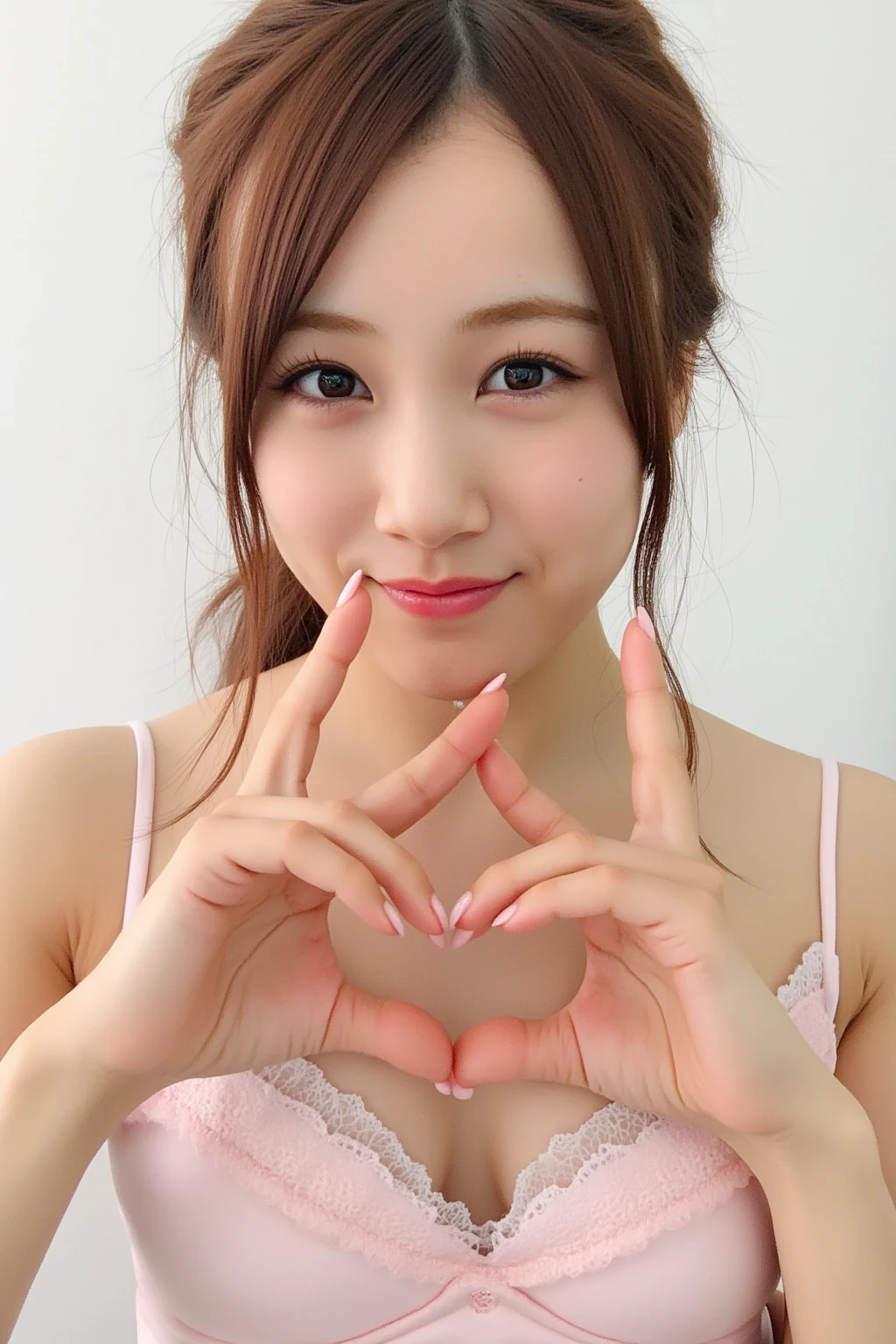 She is in a pose wearing a sexy camisole, making a firm big heart shape with both hands, and holding it in front of her chest, Cute smile up

