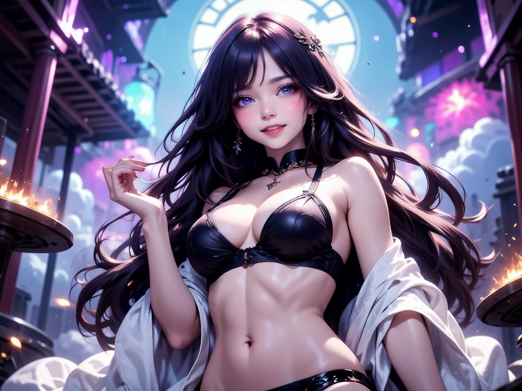 (( Best quality )), (extremadamente detallado), 8K, ultra realista, UHD, (CG Illustration, altamente detallado) (( full body :1.1)), young woman, ((sexy witch lingerie:1.5)),  smiley face, beautiful teeth,  large detailed and light blue eyes , perfect white skin,  blush on her face ,  long and silky black hair ,  with light blue lights ,  small waist belly piercing , (large breasts:1.4), visible shoulders, (white stockings with lace:1.2),  long toned and beautiful legs, white tennis shoes