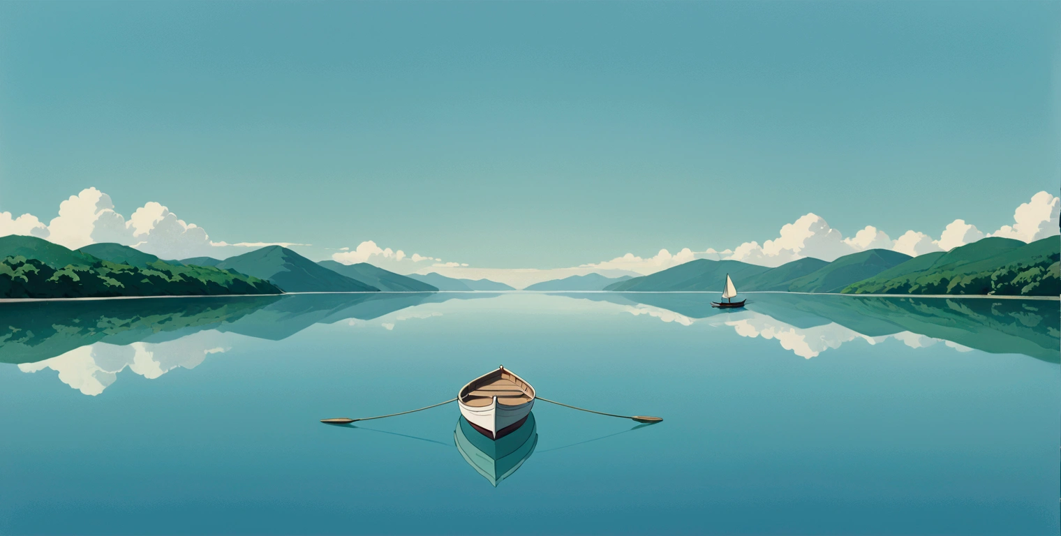 (minimalism:1.4), Lofi anime style, Studio Ghibli art, Miyazaki ,pastel , cute ,minimalist , SPIRITED AWAY From Hayao Miyazak ,No one is there , No people , Landscape ,Boats floating on the lake