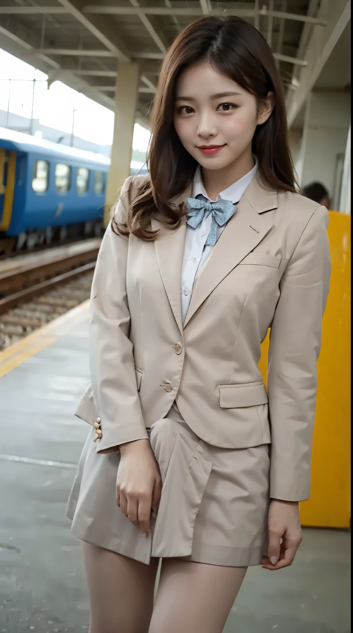 Best Quality、 table top to cover upper arms、8k、Highest quality、Award-winning works), Two beautiful women、 Glowing Beautiful Skin  , masterpiece、top-quality、 ultra-fine、 depth of field 、 lens flare 1 girl、、Brown Hair,   staring at the viewer's gaze ,Small breasts ,    uniform, (  blazer:1.3),  shirt,  short skirt , ( black high heels, Model pose,  view from below, smile , Train Station, (Erection under clothes)
