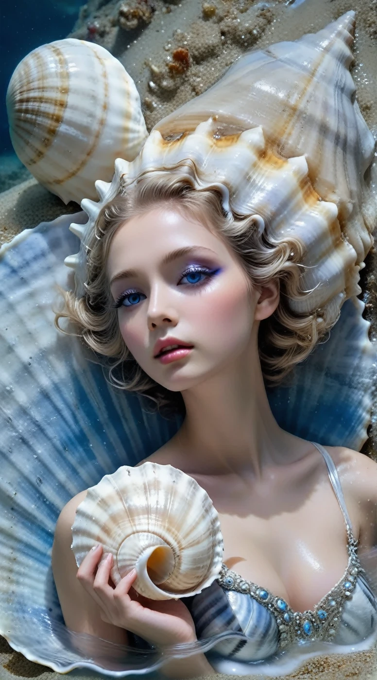 rk-shells in the heavenly sanctuary of seashell cathedral ,  surreal goddesses with liquid silver eyes adorn the sacred space,  embodies the mystery hidden in the swirls of bluish waves .